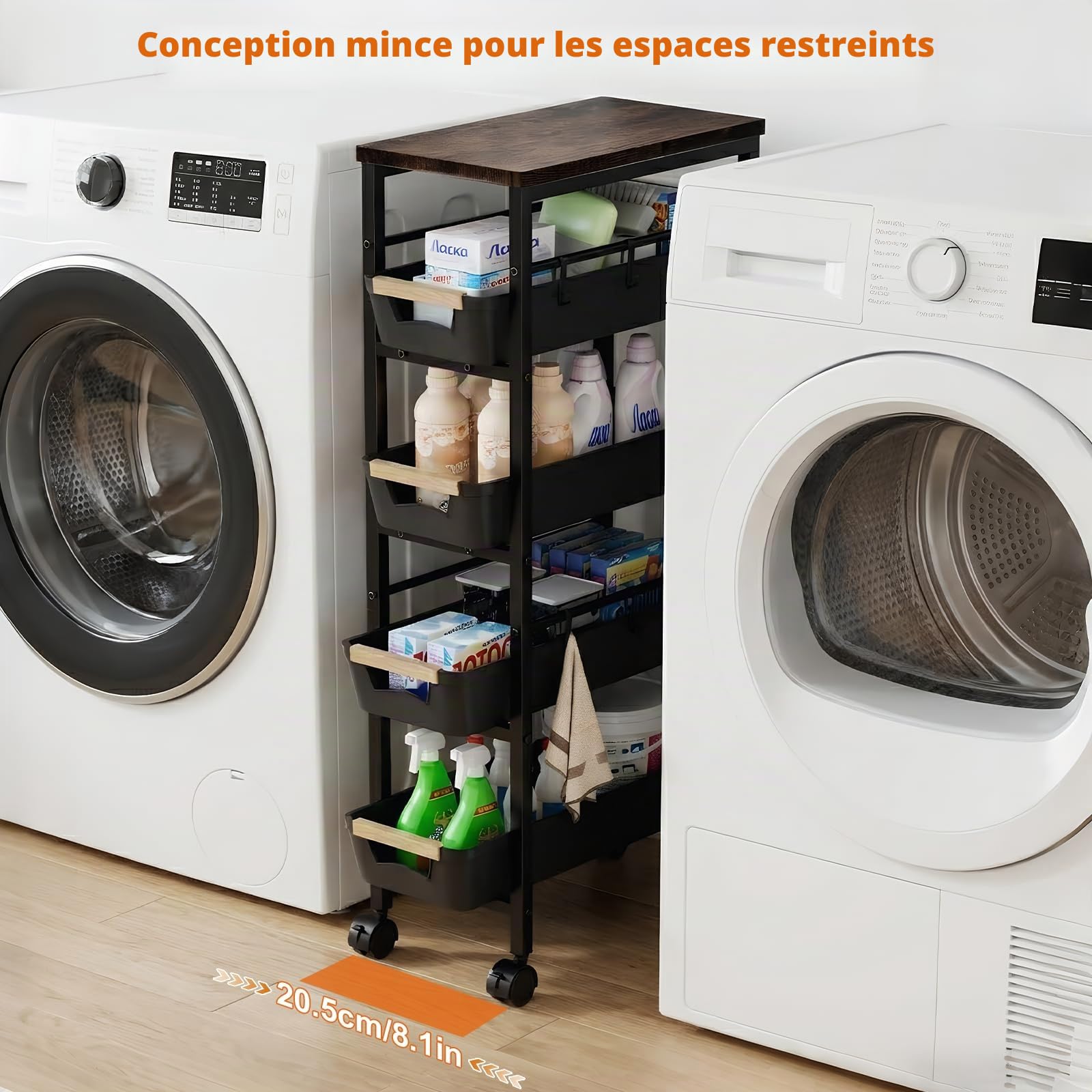 Meuble Rangement Cuisine, Corbeille à Fruits en Métal Chariot de Rangement à 5 Niveaux avec Plateau en Bois, Cuisine, Chambre, Salle de Bain, Dortoir