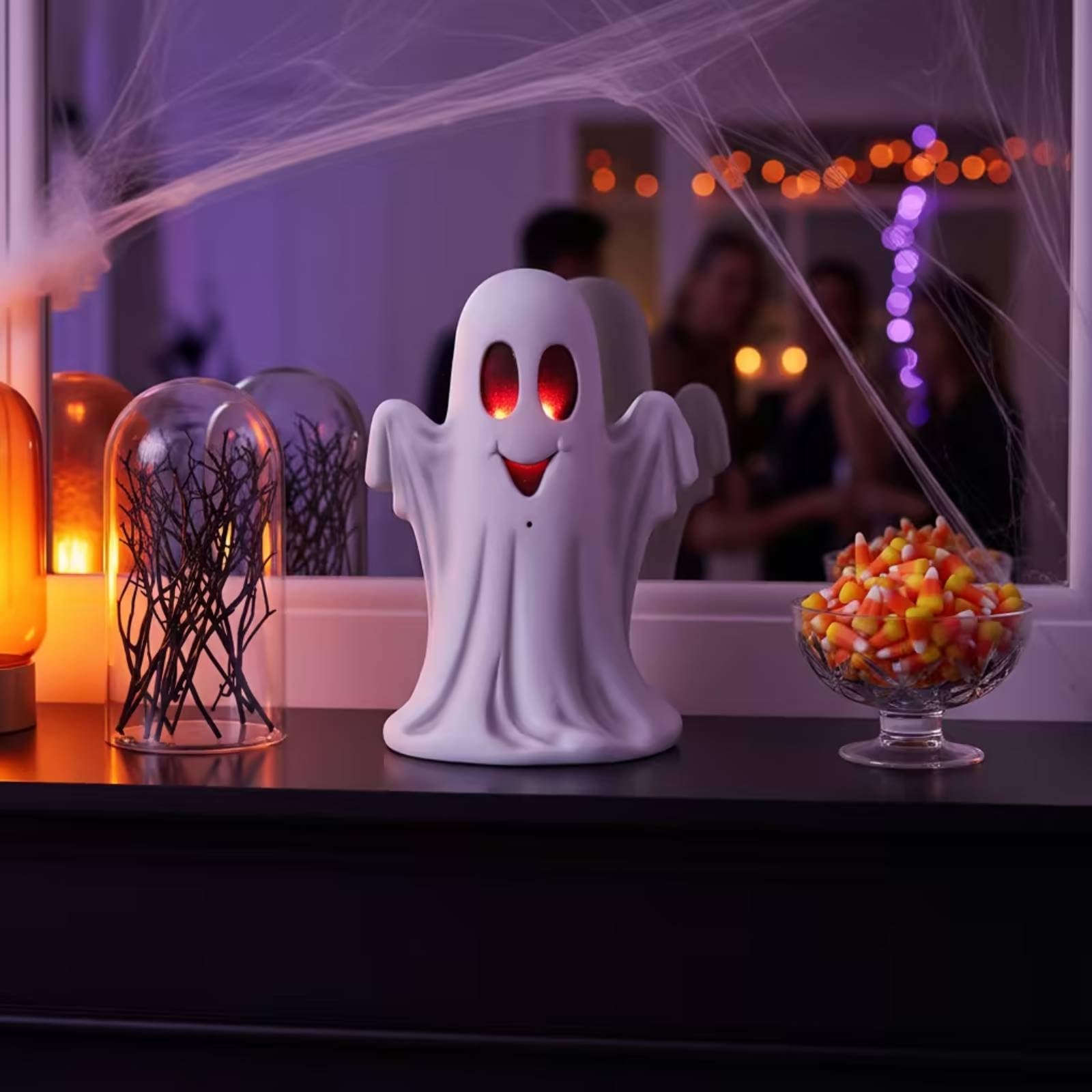 Amagogo Halloween Leuchtfigur Geist Deko Figur Lampe Fensterdeko mit Steuerpunkt Vorn Und Fach Hinten Rotes Schimmern für Eingang Wohnzimmer Terrasse Fest