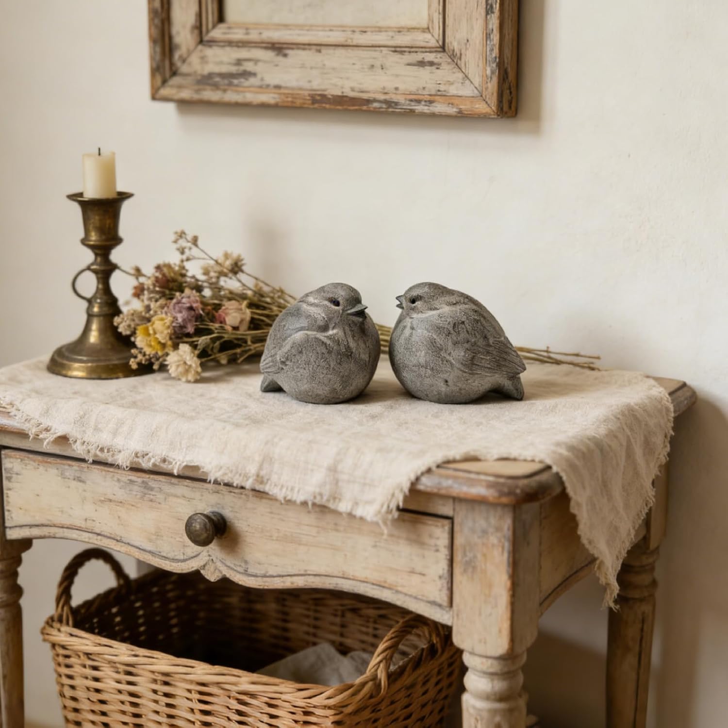Cynkeyee Modern Farmhouse Bird Figurines - Set of 2 Vintage Bird Statue, Cute Animal Statues Shelf Decor Suit for Home Mantel, French Cottage Country Desktop, 3.25x2.5x2.25 inch - Image 2