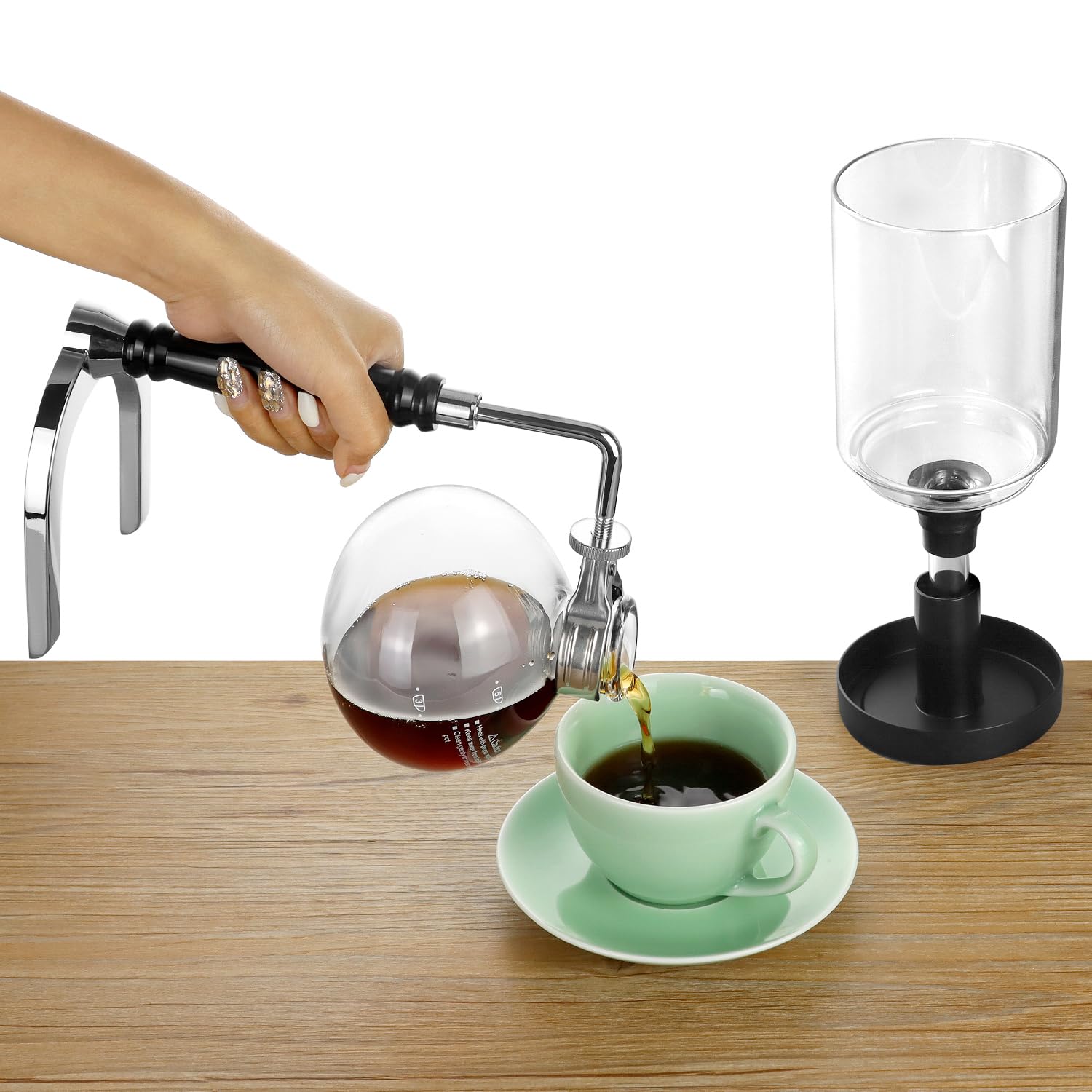 QWORK Cafetera de sifón de 5 tazas (600 ml) – Cafetera de sifón de vidrio de borosilicato con abrazadera de amortiguación ajustable, resistencia a altas temperaturas, sifón de vidrio de mesa para café