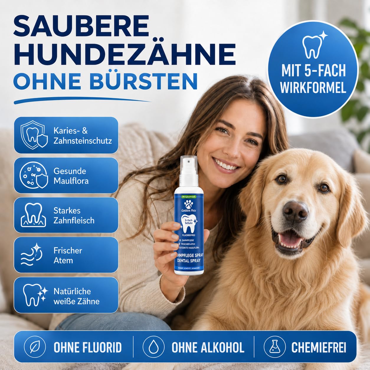 Dentalspray für Hunde & Katzen 100% natürlich 200 ml - Zahnpflege Dental Spray gegen Mundgeruch und zur Vorbeugung von Zahnstein- Zahnreinigung & Zahnsteinentfernung Golden Pets