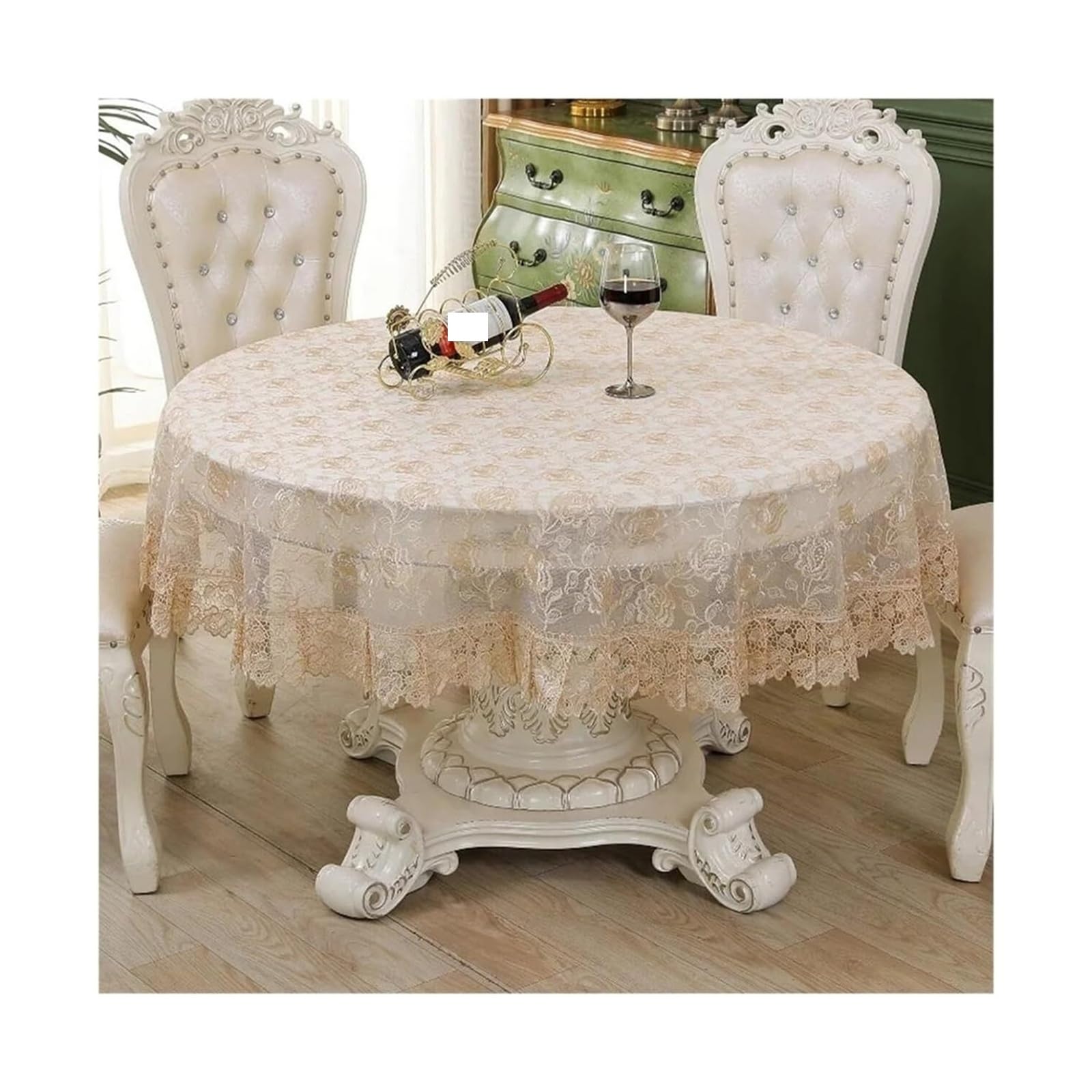 Nappe en dentelle beige ronde de protection et décoration de table ronde