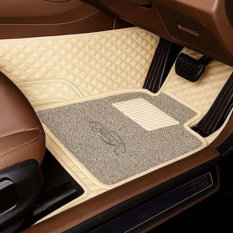 Image of Premium 7D Car Floor Mat Full Set for Skoda Octavia (2018-2022) | Luxury Leather with Detachable Curly /Grass Car Foot Mat with Heal Pad | 100% Waterproof & Anti-Skid (Beige Beige)