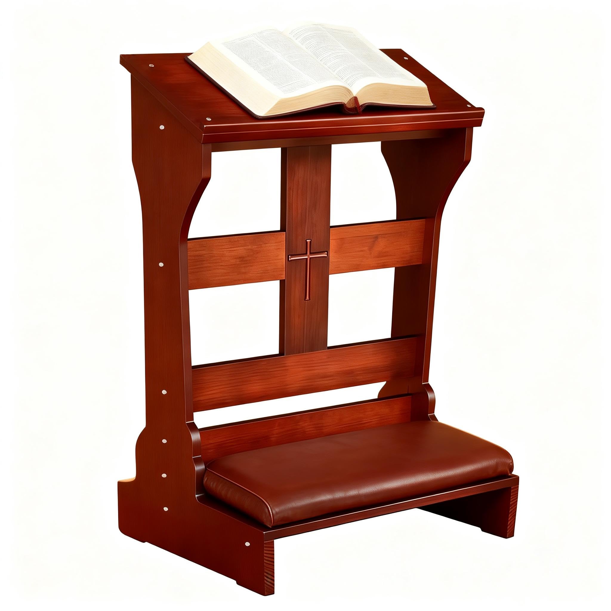 Wood Prayer Bench with Cushion – Kneeler for Home and Church, Padded Kneeling Stool with Slanted Shelf for Bible, 23" x 20" x 32.8"