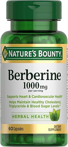 Nature’s Bounty Cápsulas de Berberina 1000mg, apoya la salud del corazón, niveles de colesterol y azúcar en sangre en un rango normal, suplemento no