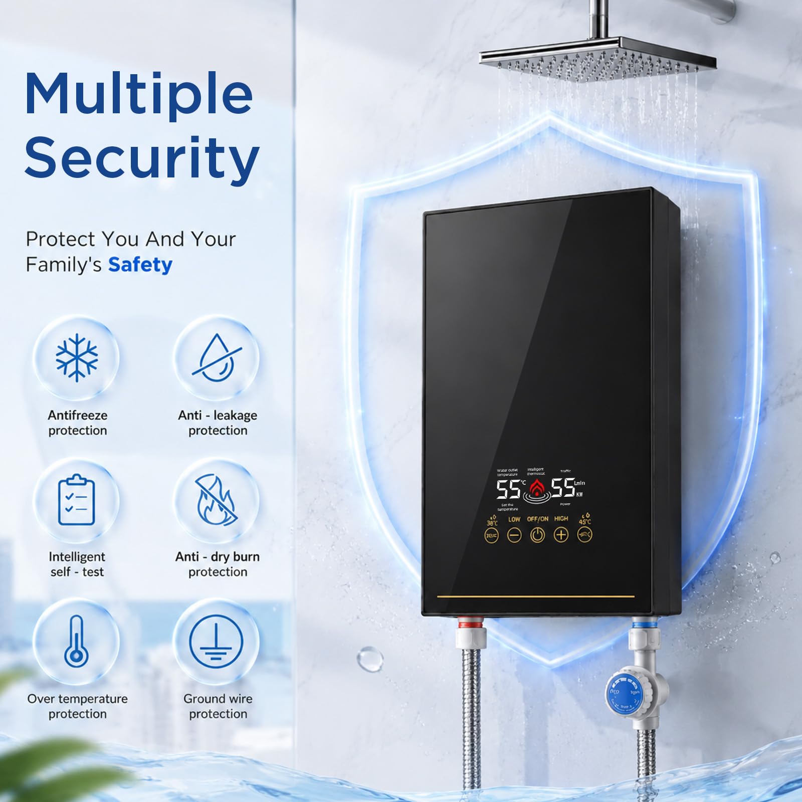 Mini Durchlauferhitzer 5500W 220V, Elektrischer Warmwasserbereiter mit LED-Display, elektronisch geregelt, Max. 55℃, Instant Elektrische Durchlauferhitzer Klein für Dusche, Bad, Küche, Garten