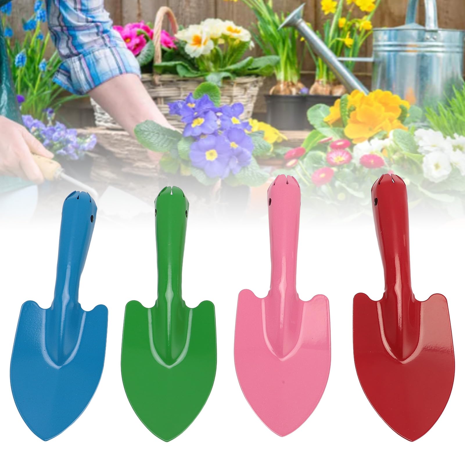 Natudeco 4pcs Mini Colorful Shovel Set Metal Hand Trowel Garden Tools for Flower Soil Planting Digging Transplanting Kids