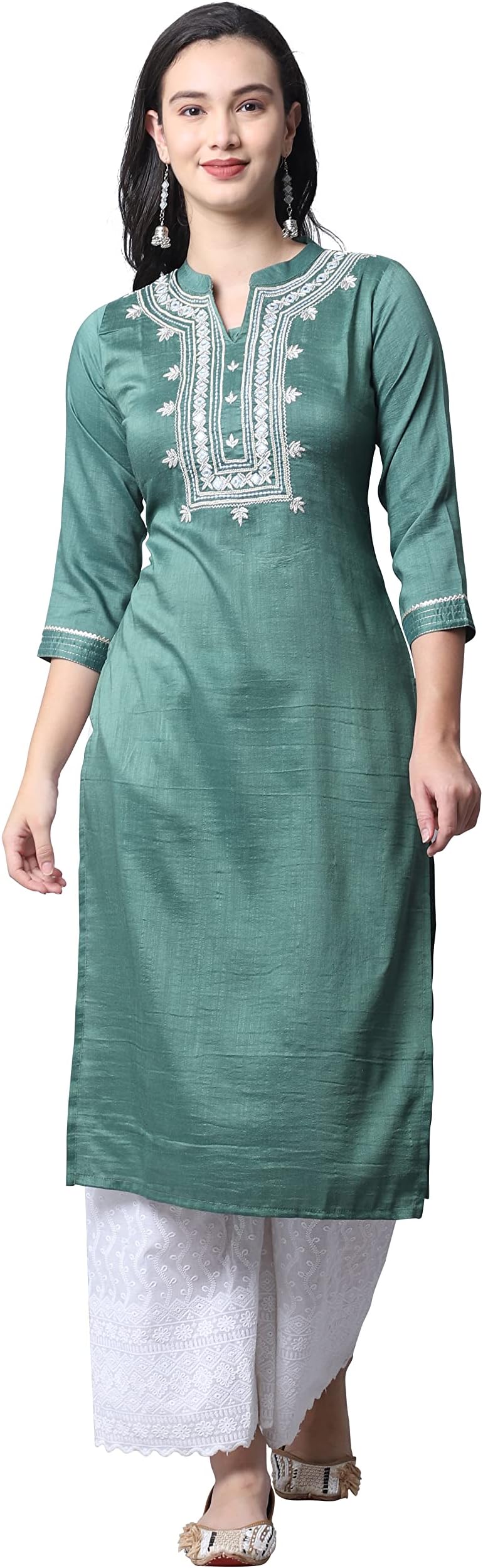 RajnandiniWomen's Cotton silk Embroidered Kurti (JOPLJPR107-S_Bottle Green_S)