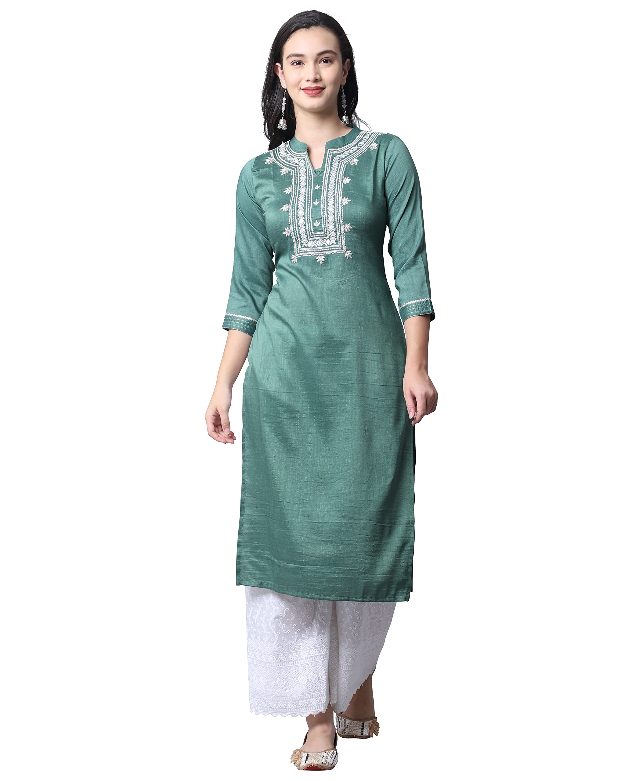 RajnandiniWomen's Cotton silk Embroidered Kurti (JOPLJPR107-S_Bottle Green_S)