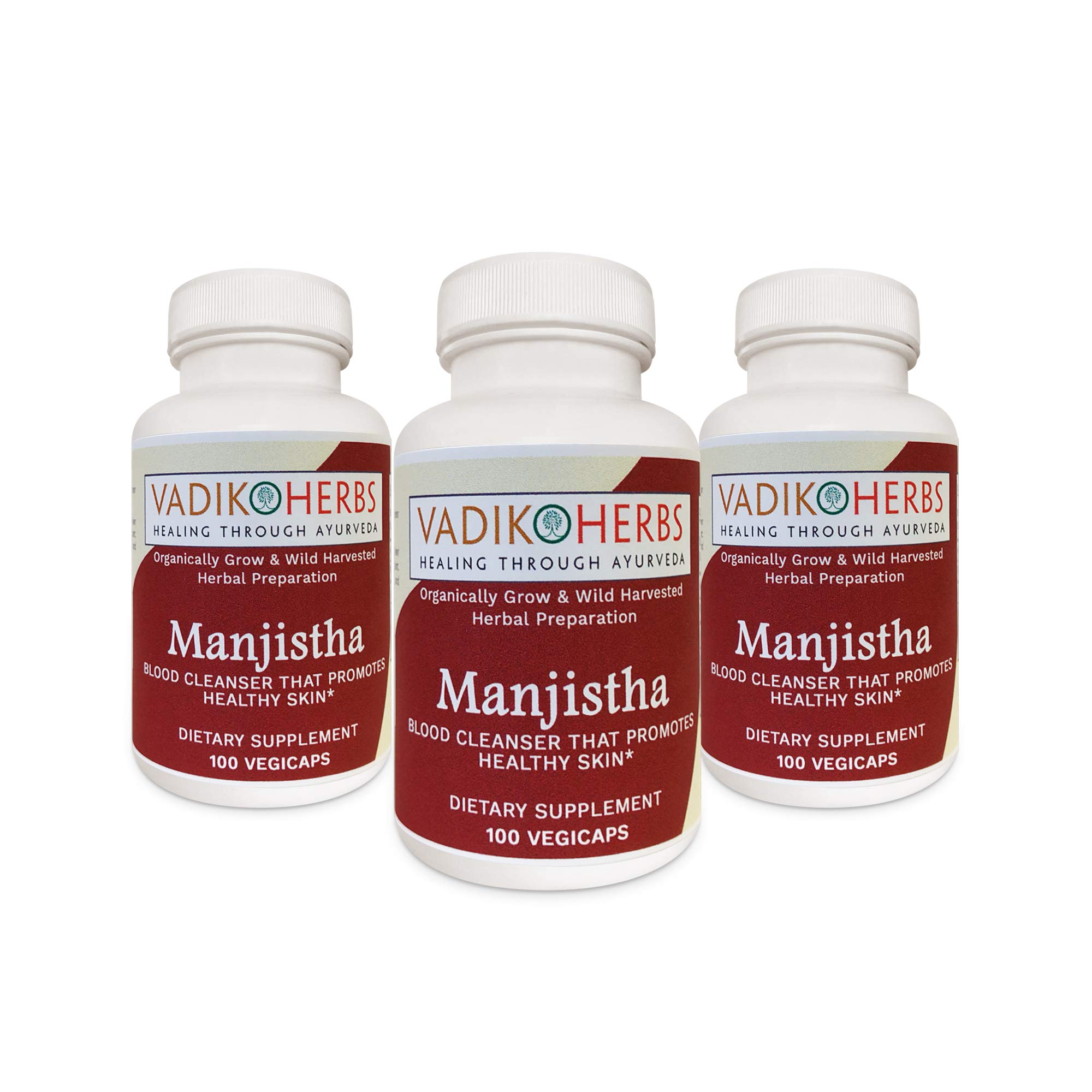 Certified Organic Vadik Herbs Manjistha (Rubia cordifolia) Powder 3 Bottles Capsules | Promotes Healthy Skin, Blood Cleanser, Natural Antioxidant, Promotes Healthy Flow of Blood and Urine