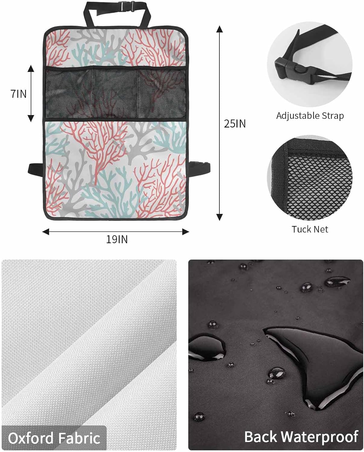 T&H XHome Car Seat Protector, 2 Pack Kick Mats with Organizer - 3 Pocket Storage, Summer Gradient Pink Teal Ocean Coral Sea Back Seat Cover for Kids Universal Fit Automotive Interior Protectors