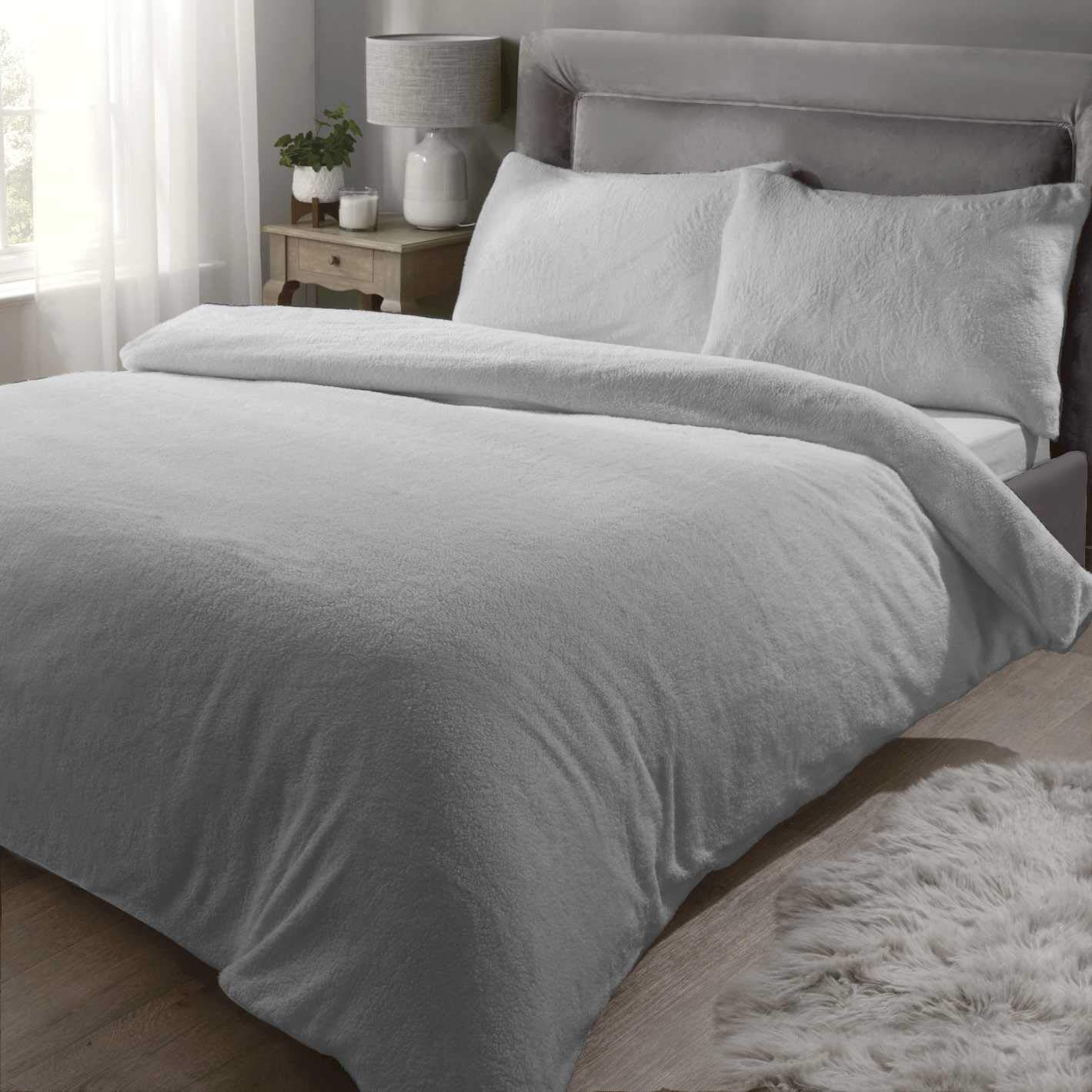 Rapport Teddy Bear Luxurious Super Soft Warm Duvet Quilt Duvet Cover Bed Set, Silver, Double