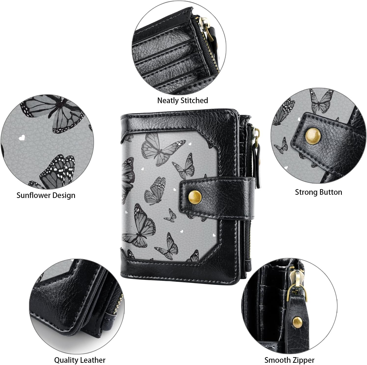 Women Leather Wallet RFID Blocking Small Bifold Zipper Pocket Wallet Card Case Purse with ID Window, Black Butterfly - Image 4