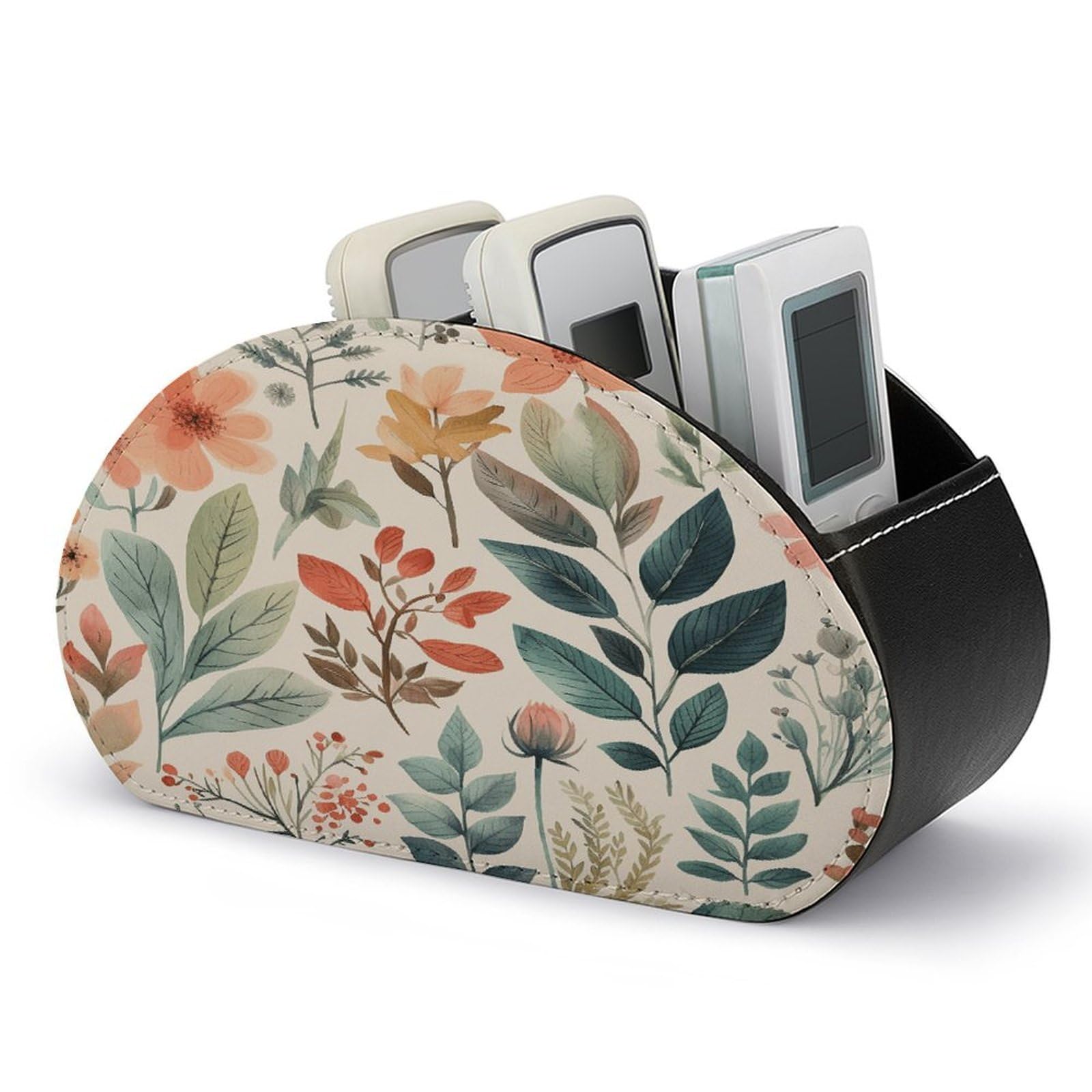 VstaDank Watercolor Flowers Remote Control Holder with 5 Compartments PU Leather TV Remoter Caddy Desktop Organizer TV Remote Holder Remote Box for Media Controllers Office Supplies