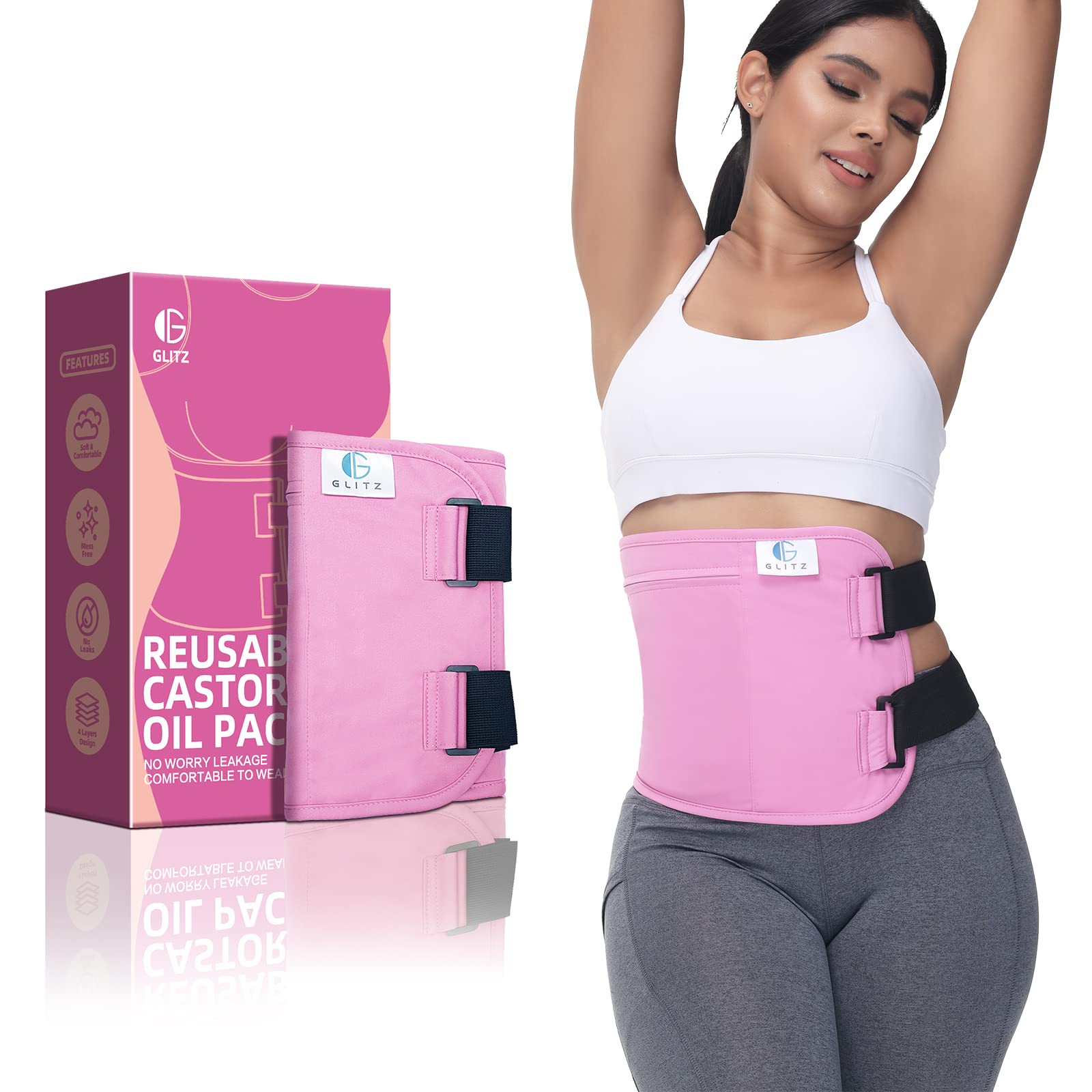 glitz Castor Oil Pack Wrap – Reusable Organic Castor Oil Pack for Liver (Compress), Less Mess, Anti Leak Outer Layer, Soft Cotton (Pink)