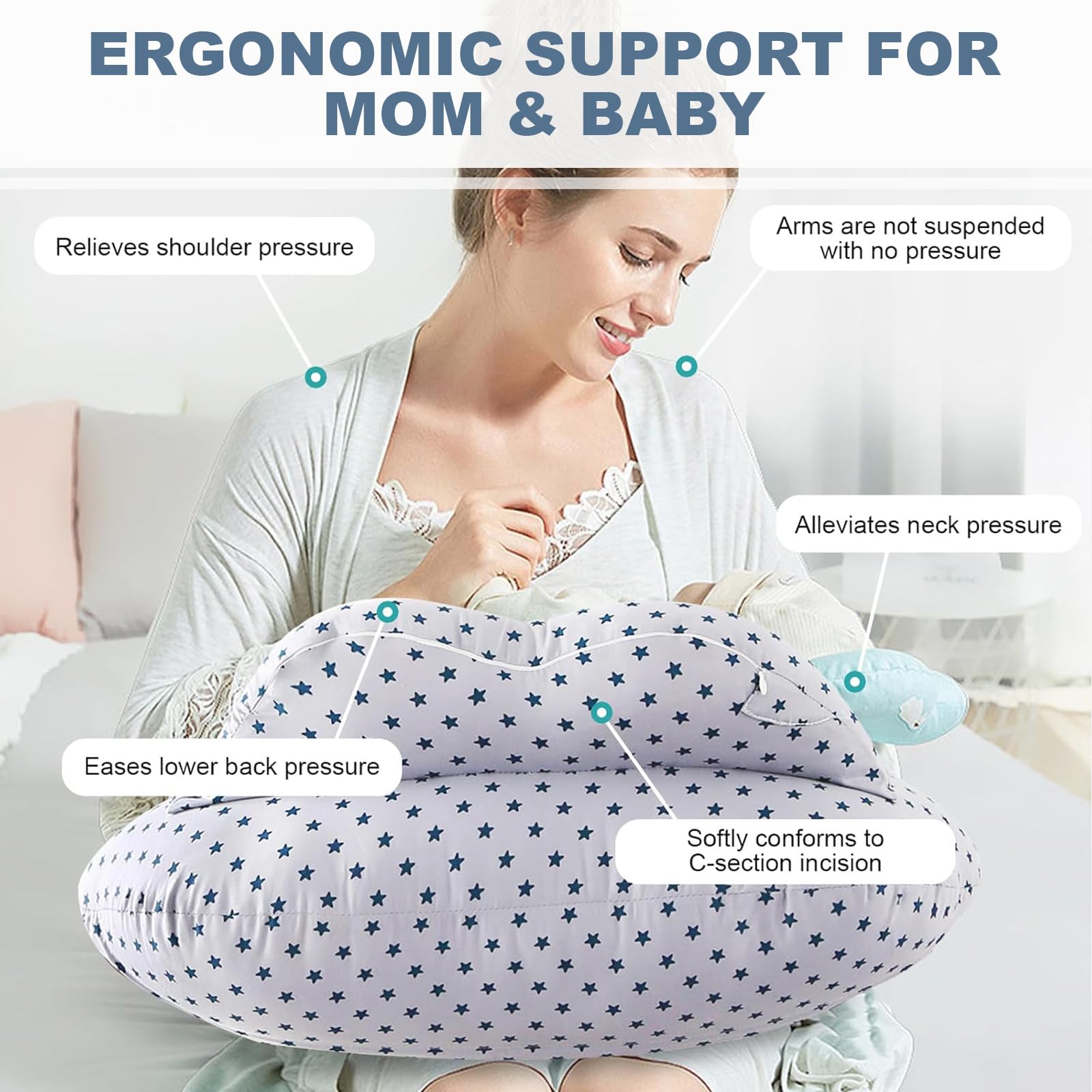 Cuscino Per Allattamento Extra Grande Con Federa In Cotone 100% - Cintura Regolabile E Design Ergonomico (Nuvole) - 2
