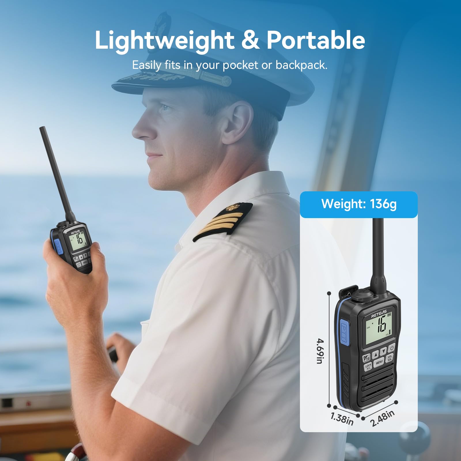 Retevis RM01P Marine Walkie Talkie IP67 Impermeabile VHF 88 Canali 1750mAh Tipo C Nero