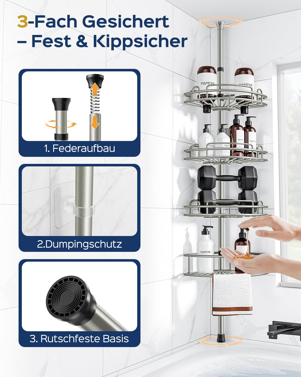HAMITOR Mensola telescopica per doccia senza foratura: 4 livelli in metallo, antiscivolo e stabile, organizer da bagno per shampoo, sapone e gel doccia, regolabile da 121 a 314 cm, argento