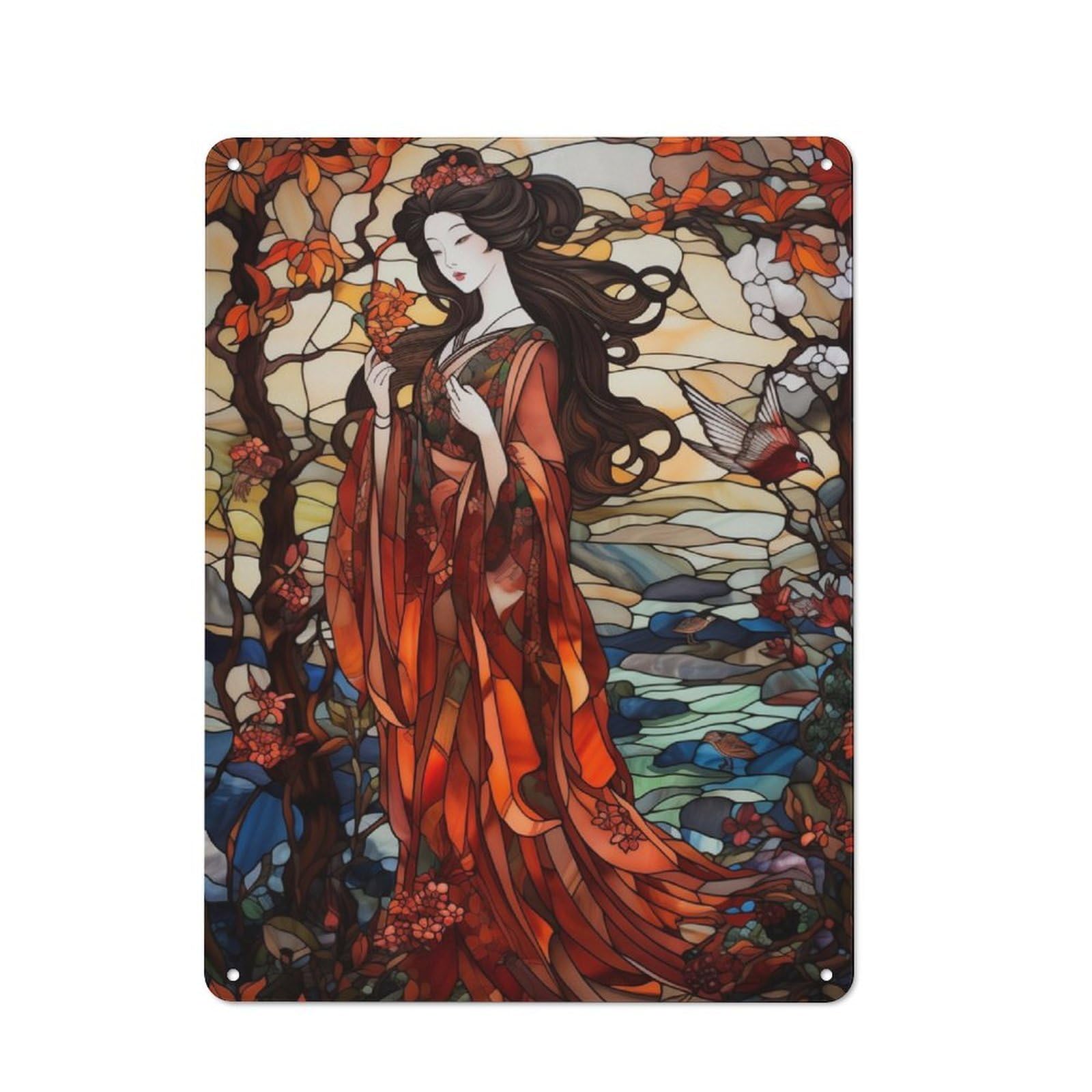 Junmoney Stained Glass Geisha Tin Wall Plaque 40X30cm With For Pub Or Café, Suited To Pub Decor Enthusiasts, For Retro Home Interiors