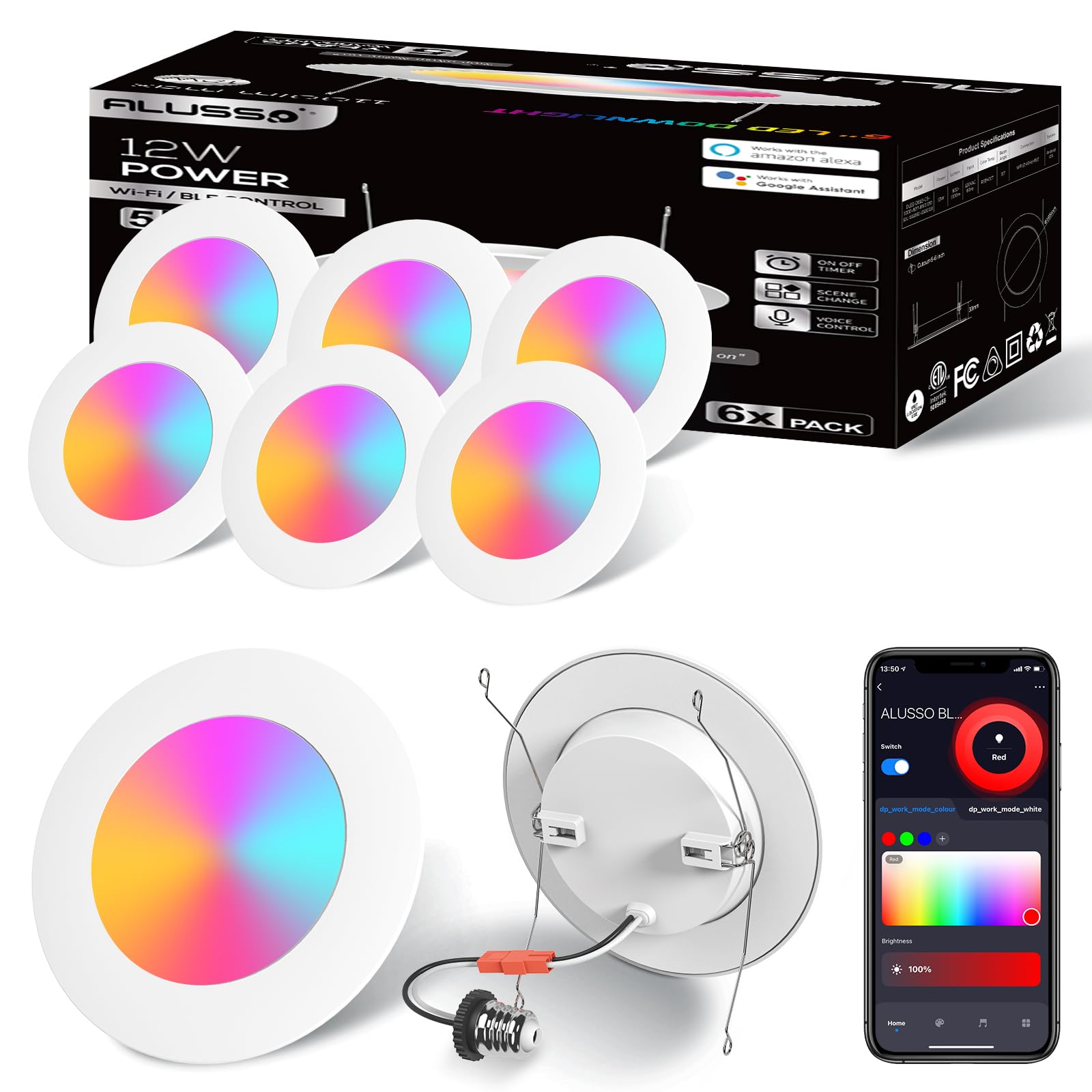 ALUSSO 6 Pack 5/6 Inch Smart LED Recessed Lights – RGB Color Changing, 1100LM Dimmable, Wi-Fi & Bluetooth, Smart Retrofit Trim Can Lights Compatible