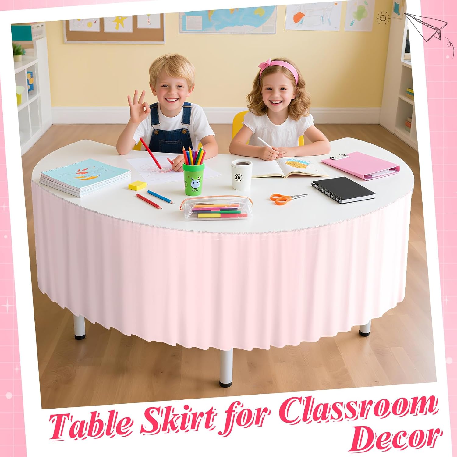 9FT Pink Table Skirt Ruffle Teacher Desk Skirts for Classroom Decorations Rectangle Round Table Cloths Desk Cover Skirt for School Party Supplies Kindergarten Dorm Office Bookcase Cabinet Bed Shelf