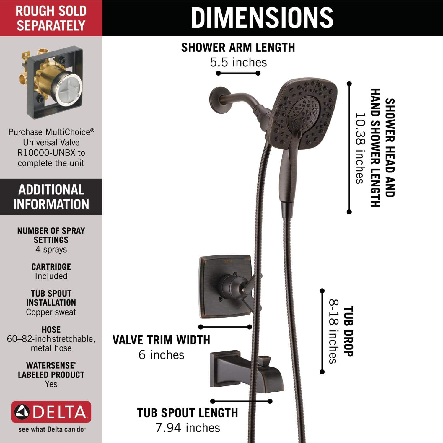 Delta Faucet Ashlyn 17 Series Dual-Function Tub and Shower Trim Kit with 2-Spray Touch-Clean In2ition 2-in-1 Hand Held Shower Head with Hose, Venetian Bronze T17464-RB-I (Valve Not Included)