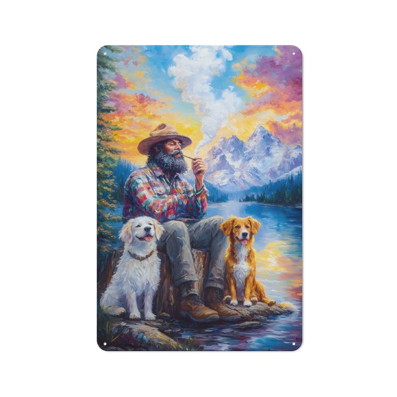 Junmoney Man With Dogs By The Lake Country Country Metal Sign 30X20cm Featuring Rustic Kitchen Decor For Cottage, Kitchen, Hallway Or Breakfast Nook