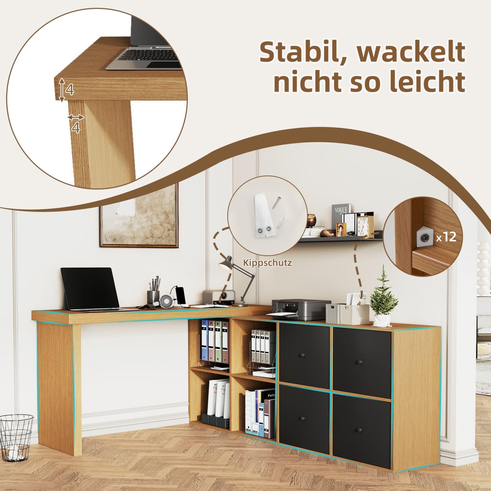 Sweiko Bureau d'angle Informatique Pivotant 360° avec 4 Tiroirs de Rangement, Bureau Modulaire avec Étagères Ouvertes, bibliothèque pour Home Office et Chambre Ado