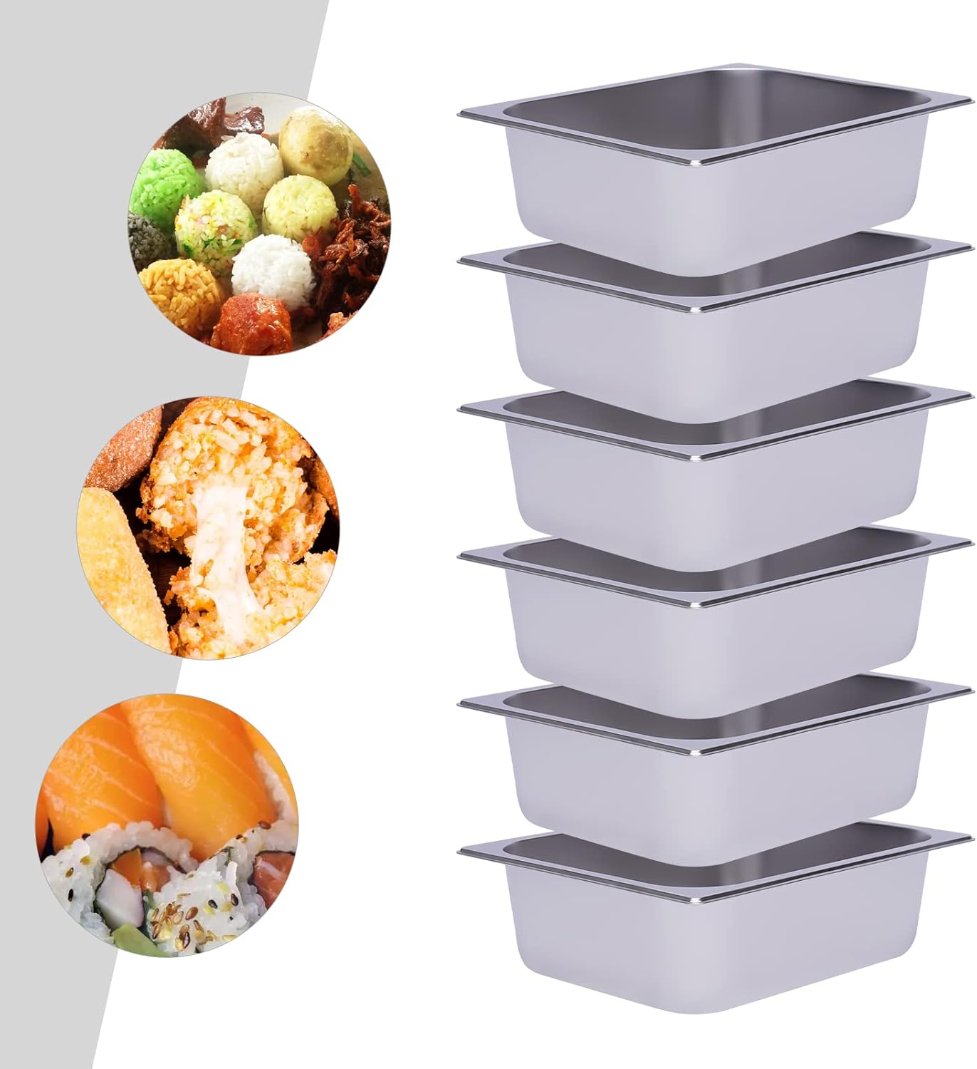 6-Pack Steam Table Pans, 2.5L Capacity Each, 3.94-Inch Depth, Food-Grade & Dishwasher Safe, for Hot/Cold Food Storage, Catering, and Baking, Silver