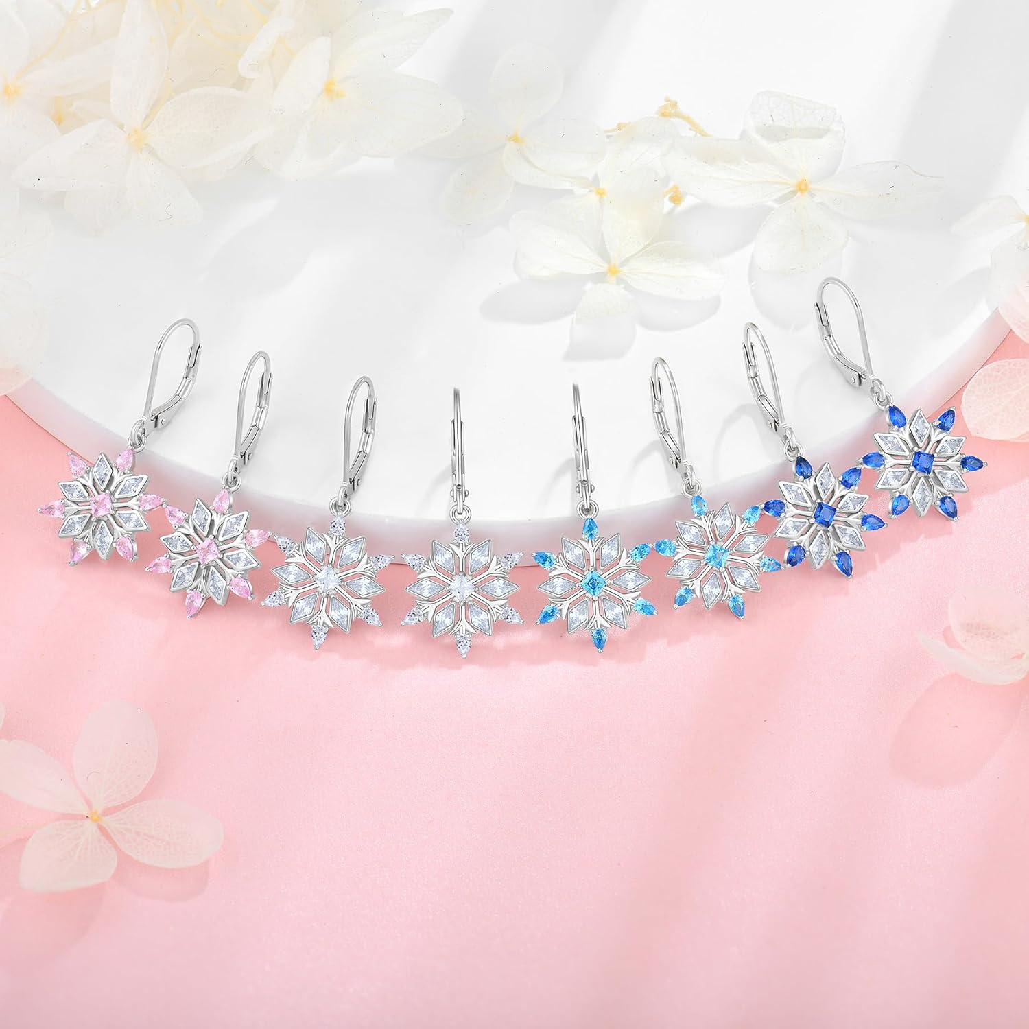 925 Sterling Silver Snowflake Earrings for Women Christmas Birthstone(White/Aquamarine/Sapphire/Pink) Leverback Earrings Cubic Zirconia Dangle Drop Earrings Winter Jewelry - Image 4