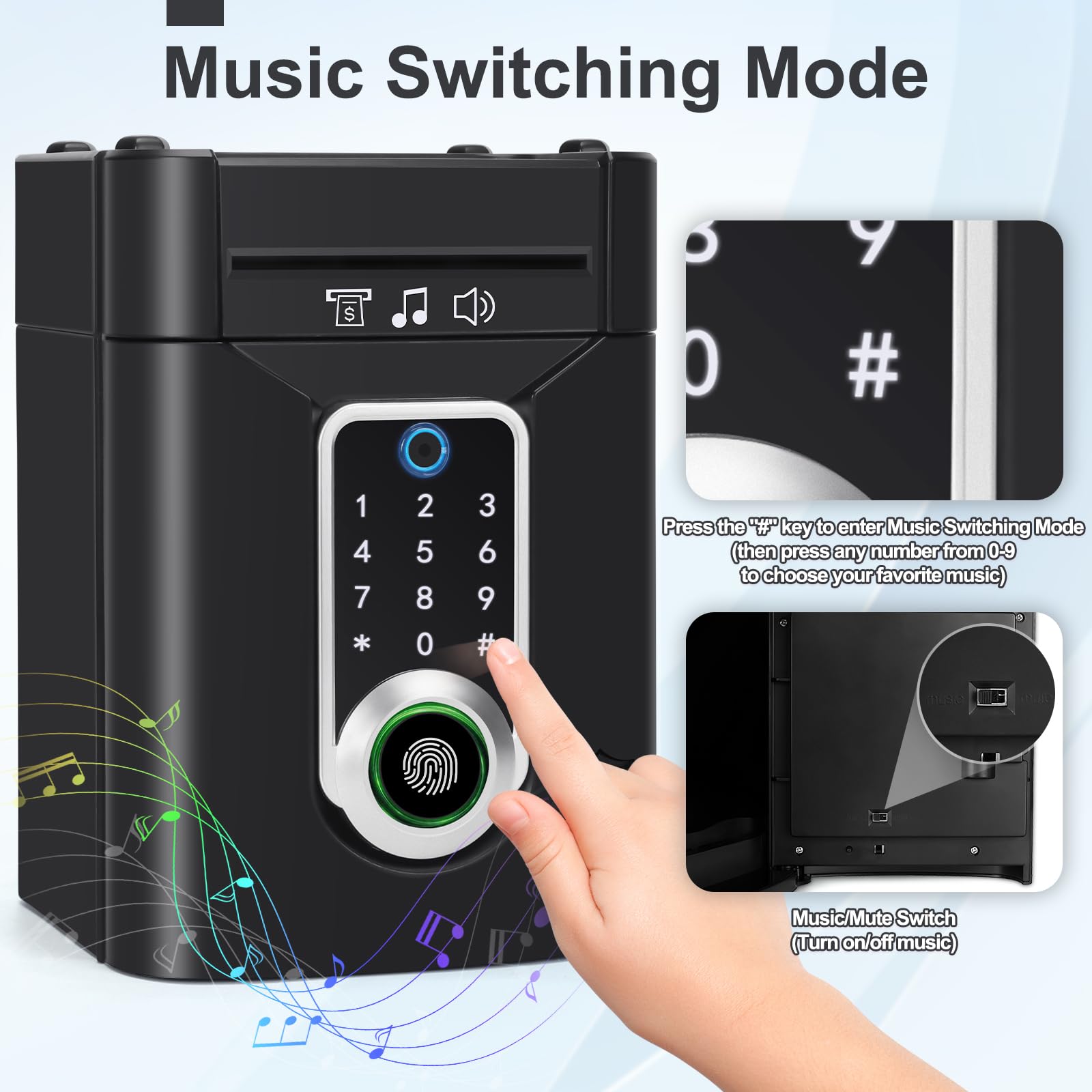 Highttoy Children's Electronic Money Box with Touchscreen and Fingerprint, Children's Games 3-12 Years Gift, Safe Cash Box, Black - 5