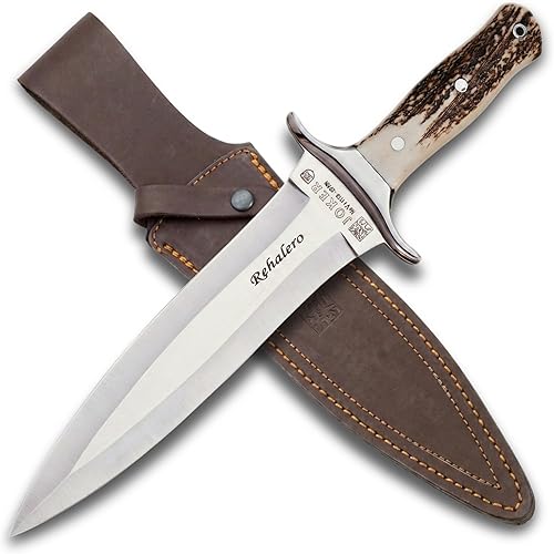Miniatura 1 de Joker Cuchillo de caza Rehalero CC10 con mango de cuerno de ciervo, hoja MOVA 9.25 pulgadas, funda de cuero marrón, 18.34 oz, 14.37 pulgadas en