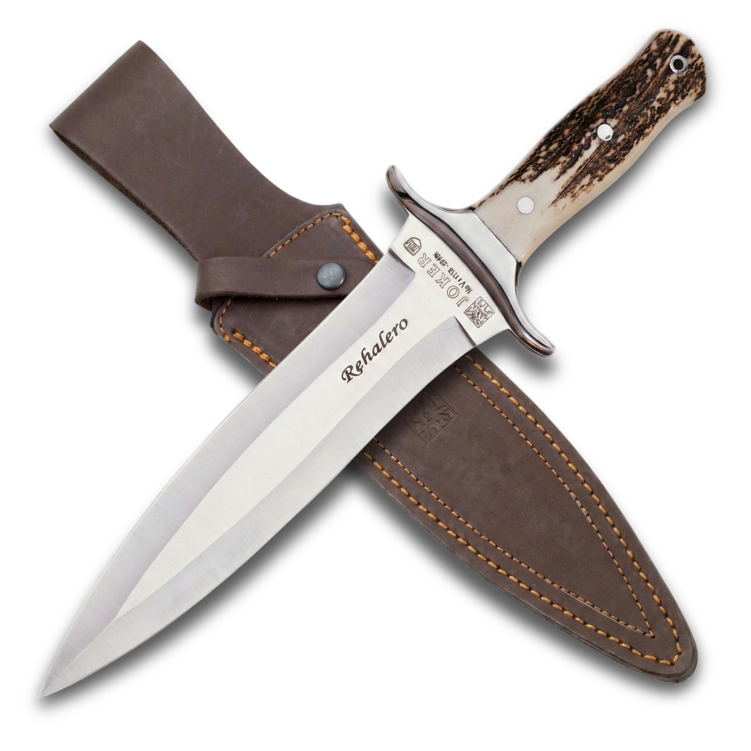 Joker Hunting Knife Rehalero CC10 with Deer Horn Handle, MOVA Blade 9.25 inches, Brown Leather Sheath, 520 gr, 14.37 inches Total, Fishing Tool, Hunting, Camping and Hiking