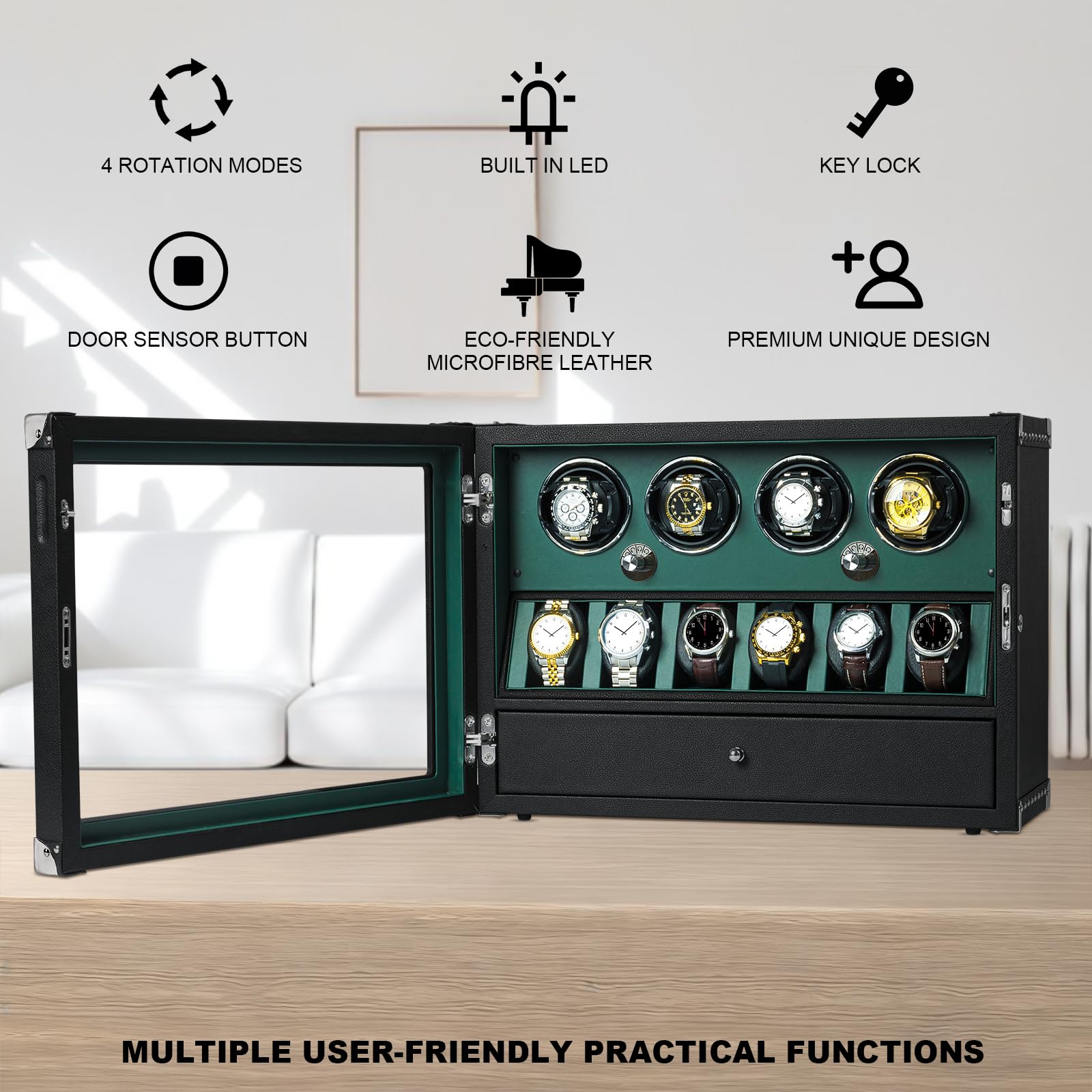 DUKWIN Uhrenbeweger für 4 Automatikuhren Abschließbare Uhrenbeweger Super Leiser Motor mit Hochglanz-Klavierlack-Finish Eingebaute Beleuchtung Mikrofaser-Leder Grün