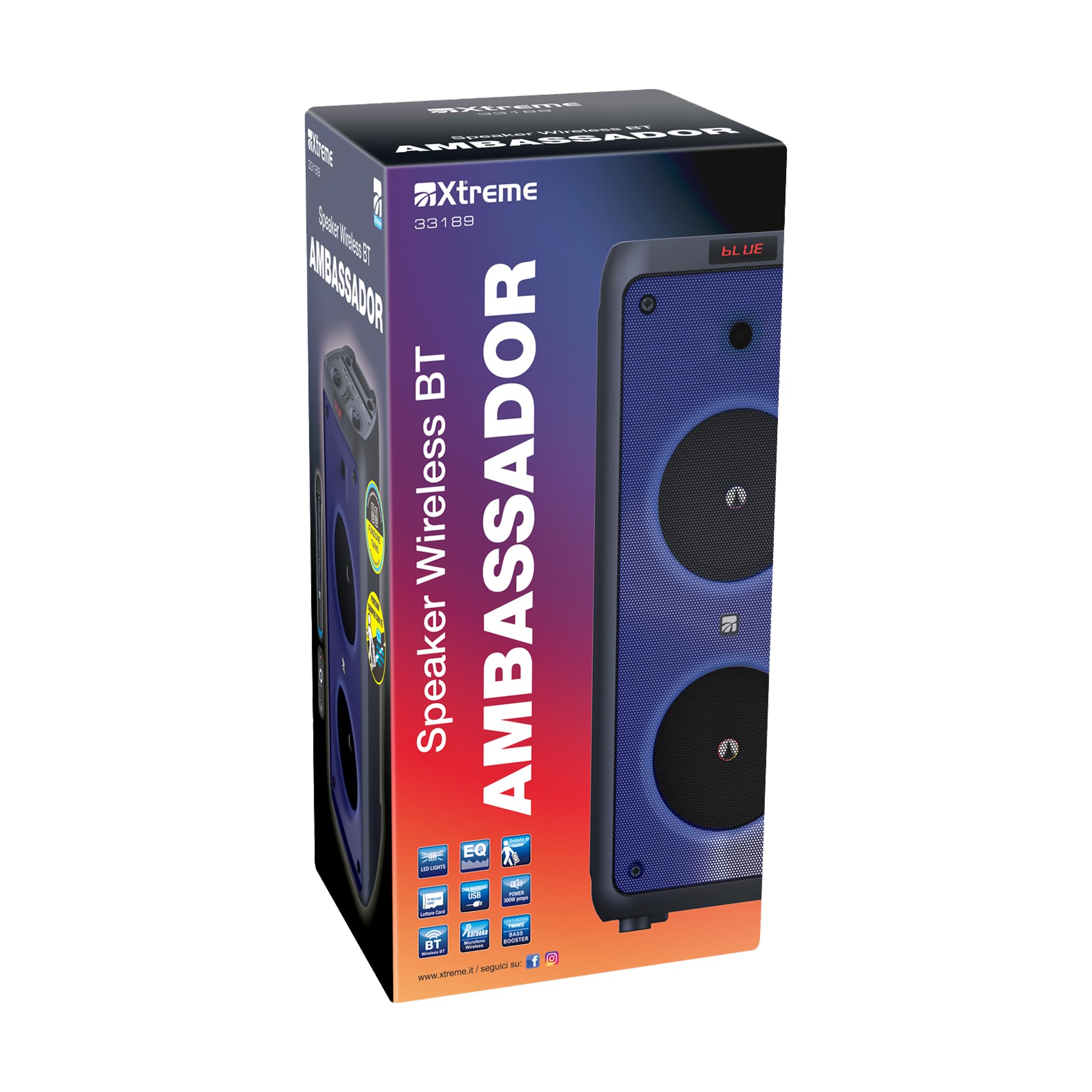 Xtreme - Altoparlante Speaker Amplificato TWS Cassa Trasportabile Effetti LED Telecomando Microfono WiFi USB AUX Ambassador 33189