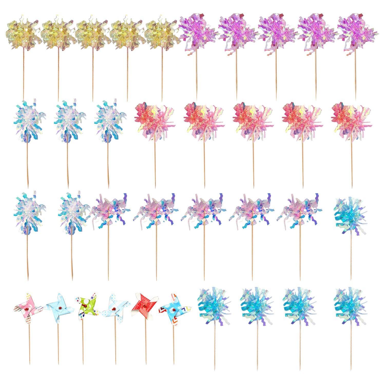 Ejufns White 30 Glitter Foil Cake Placards And 6 Mini Windmill Placards, Sequined Cake Top Hat Decoration, Tassel Cake Decoration, Suitable For Weddings, Birthday Parties, Graduation Celebrations.