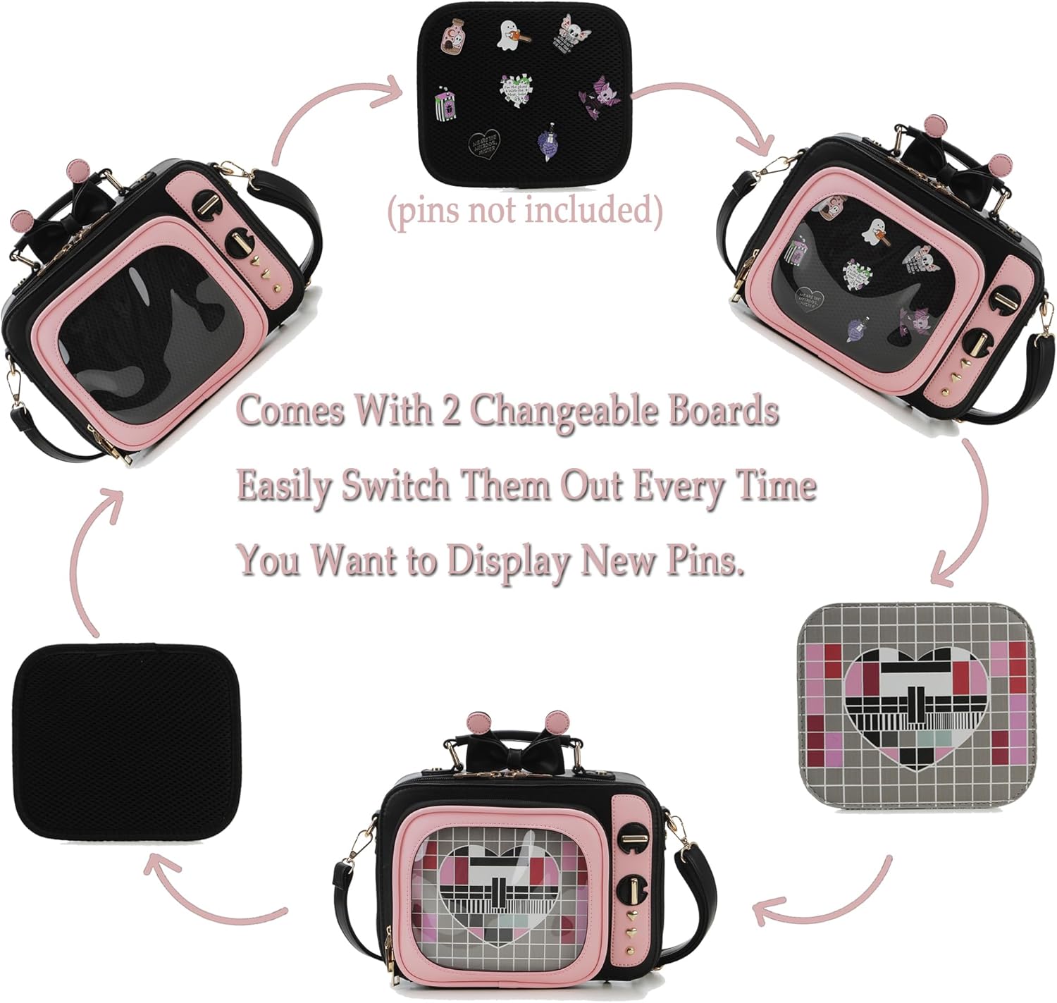 Women TV Shape Ita Bag Pink Television Shoulder Bag Design Ita Backpack Unique female Clear Window Anime Pins Display Crossbody Bag(pink black) - Image 3