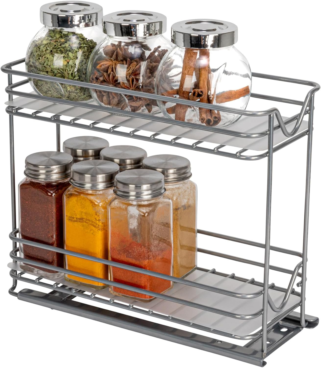 Household Essentials Glidez Powder-Coated Steel Pull-Out/Slide-Out Storage Organizer with Plastic Liners for Spice Rack Use – 2 -Tier Design – Fits Standard Size Cabinet or Shelf, Brushed Silver