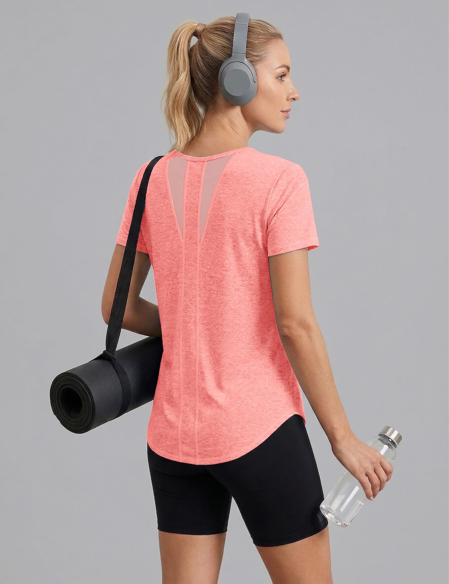 Camiseta Deportiva Mujer Manga Corta Cuello Redondo Secado Rápido Top de Malla Transpirable para Yoga Fitness Correr Pilates S-XXL