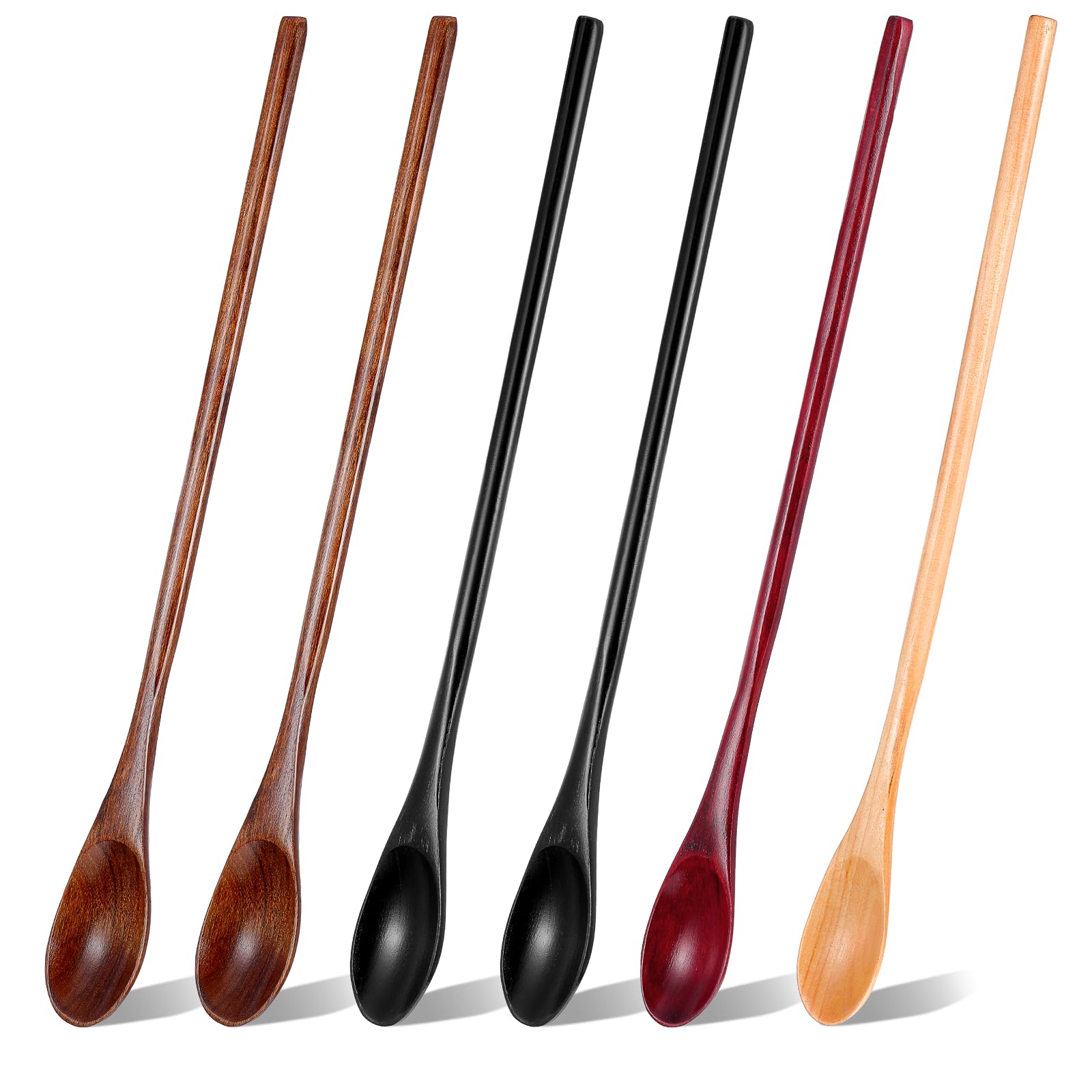 JIEYAO 6 Pcs 13 Inch Long Handle Wooden Spoon for Cooking, Wood Mixing Tasting Tea Spoons Long Honey Stirrer Vintage Utensils Coffee Cocktail for Kitchen