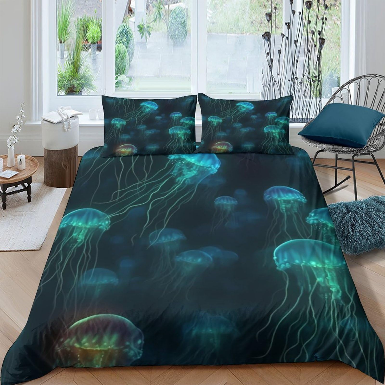 Ctjqhvkz Style-6 3D Printed Jellyfish Ocean Fitted Sheet Microfiber Soft Blue Glow Underwater Mattress Cover Bedroom Decor Single（135X200cm）
