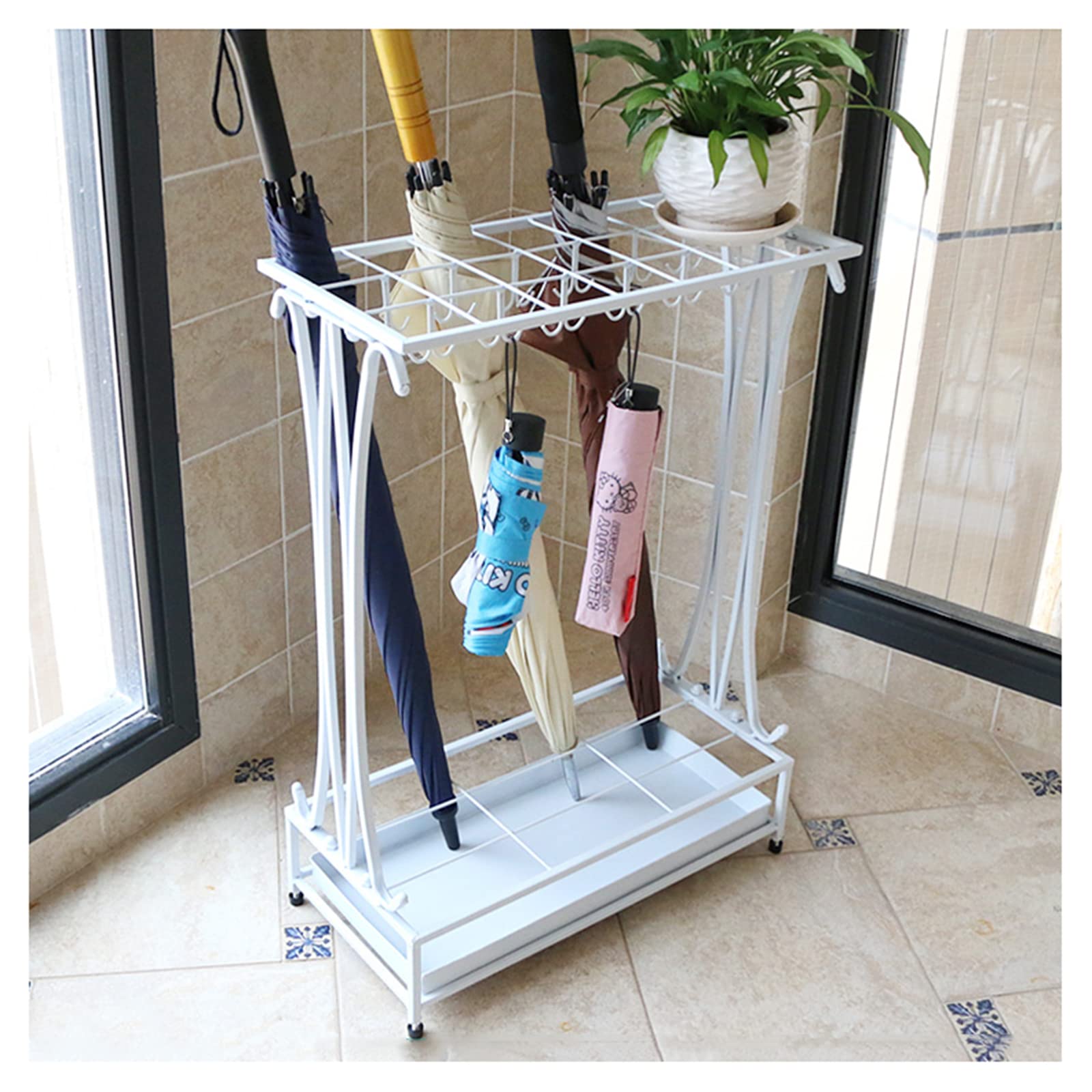 FCXWEVR White Umbrella Stand with High Capacity for Commercial and Home Use 21 Holes + 24 Hooks