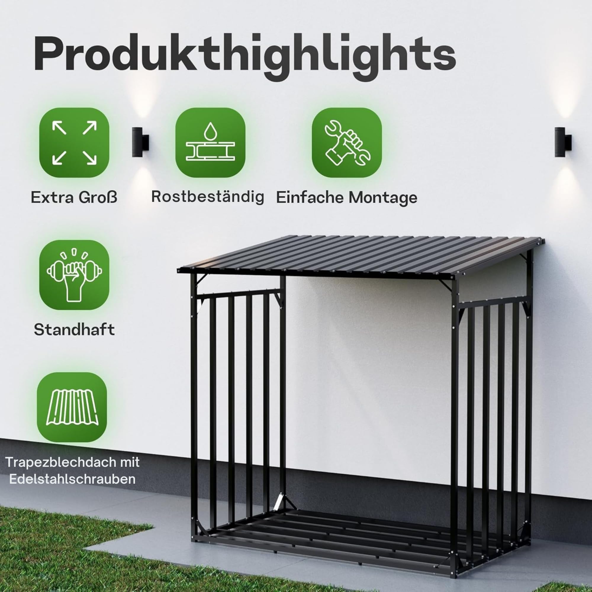 Gartenzeit® Kaminholzregal Außen XXXL 186x105x185cm – 3,45m³, 5,25SRM, Metallrahmen 30x30mm, Metalldach, feuerverzinkt, 105cm tief, Brennholzregal Holzstapelhilfe Holzunterstand Außen