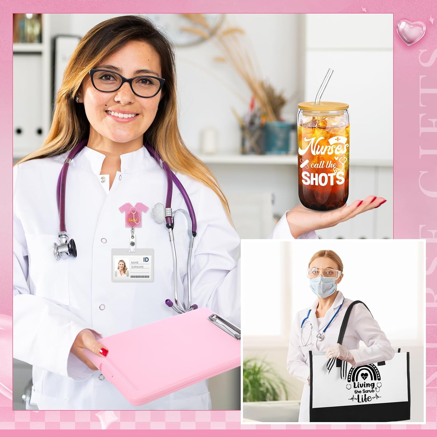 Teenyyou 7 Pcs Nurse Gifts for Women Set Rn Appreciation Set Nurses Week Nurses Winter Gift Include Tote Bag Stethoscope Case Ballpoint Pen Badge Reel Clipboard Keychain(Pink,Cute Style)