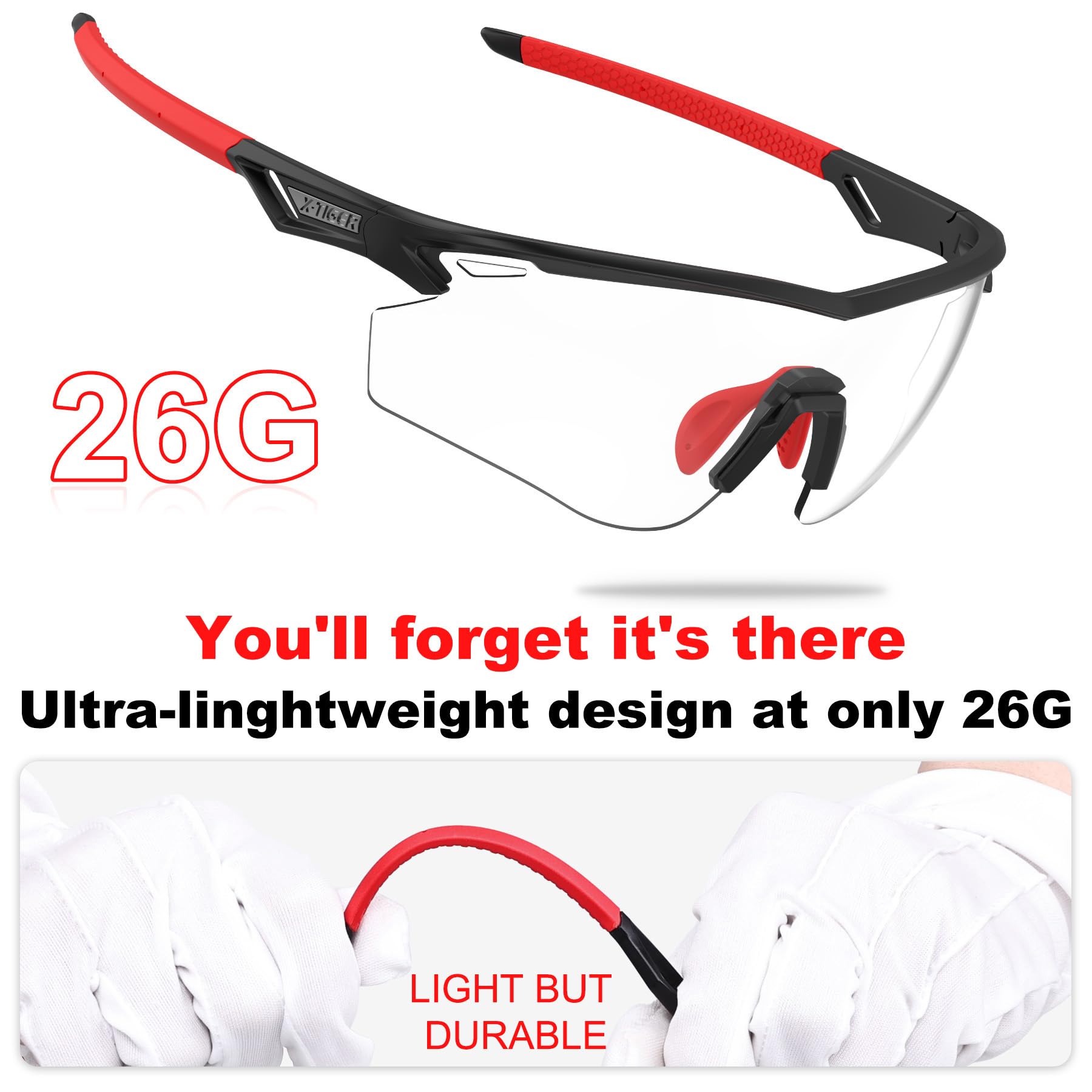 X-TIGER Lunettes de Cyclisme Photochromiques pour Homme Femme Cadre en TR90 Transparente Parfaites pour Vélo VTT et Running Sport