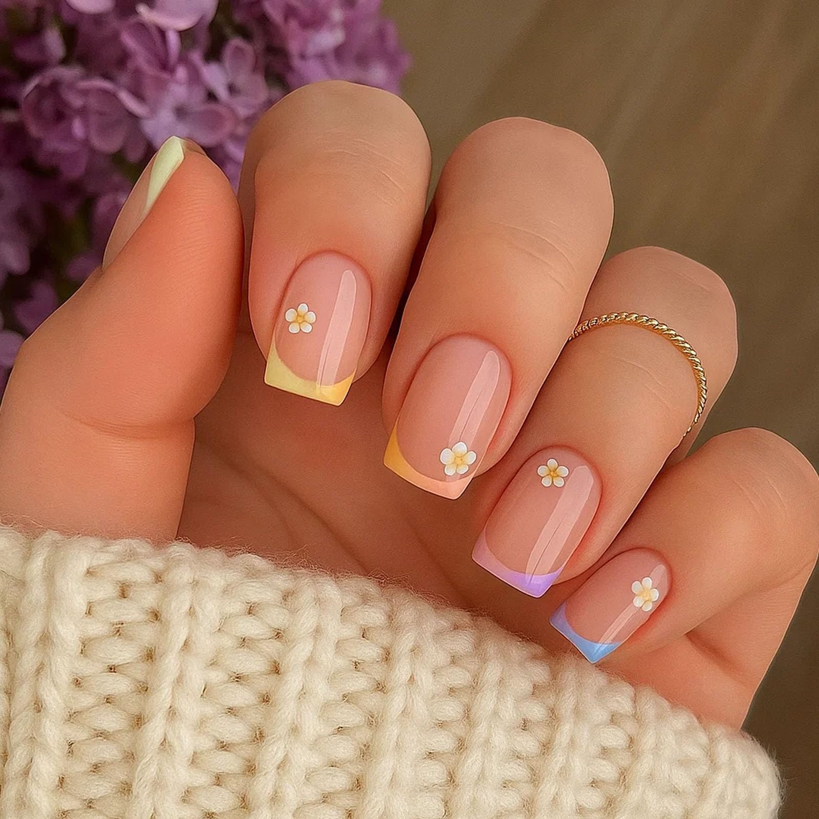 Artificial Nail Tips Short Square French Style with Pastel Lavender Yellow Blue and Daisy Design