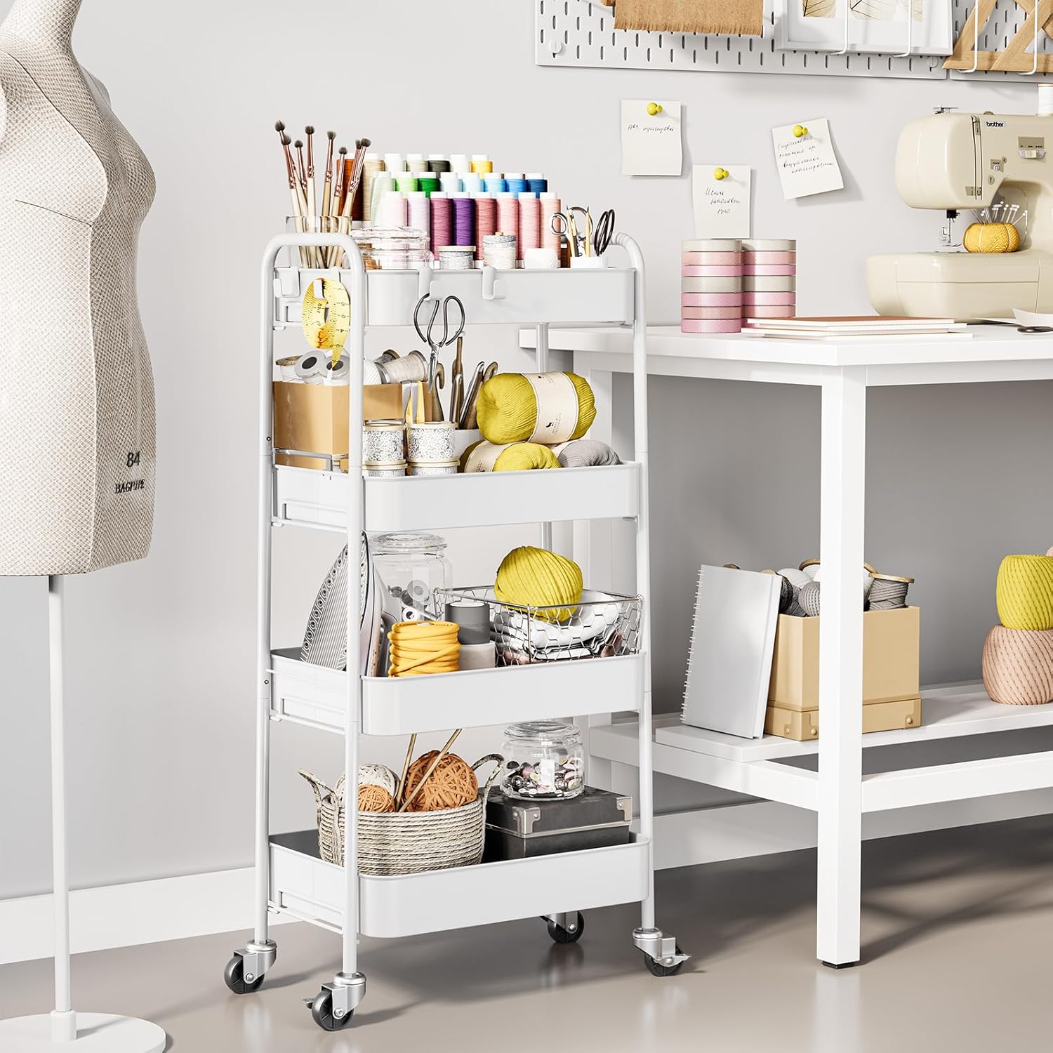 TOOLF 4-Tier Rolling Cart - Metal Storage Organizer with Lockable Wheels, 44 lbs Per Shelf Capacity, Tool-Free Assembly, for Kitchen Bathroom Office Laundry Room Nursery, White