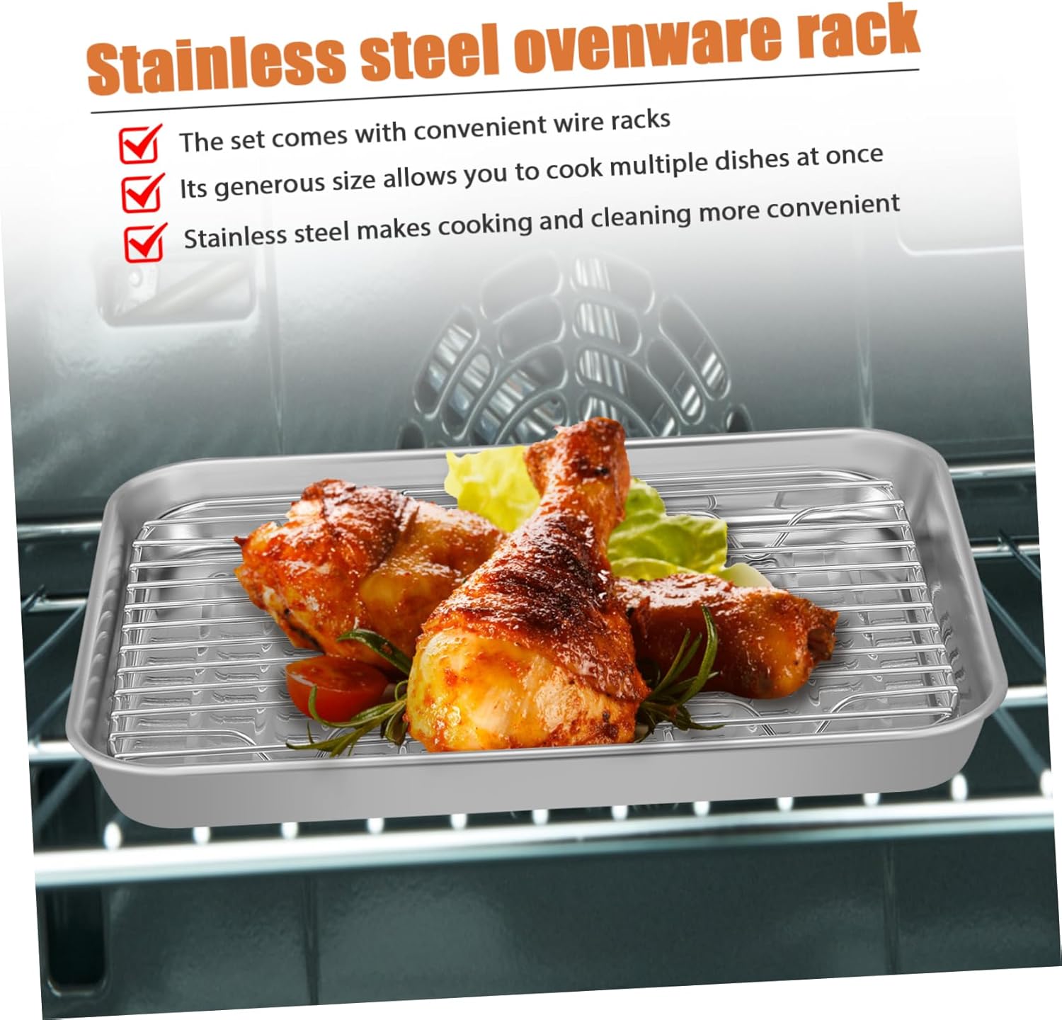 2 Sets Oven Pan with Wire Rack Stainless Fluted Steel Heavy Baking Versatile Pizza Pan Tray s Roasting Roaster Roast with Wire Rack Silver