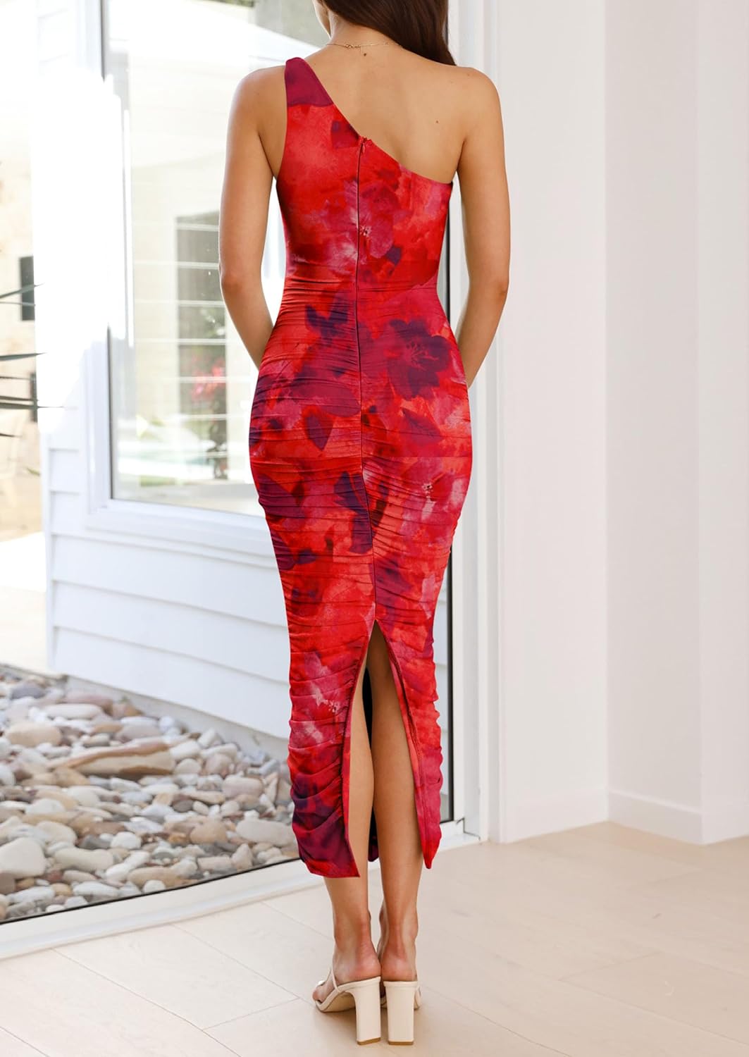 PRETTYGARDEN Women's One Shoulder Bodycon Dresses Summer 2026 Ruched Floral Beach Cocktail Wedding Guest Dress - Image 5