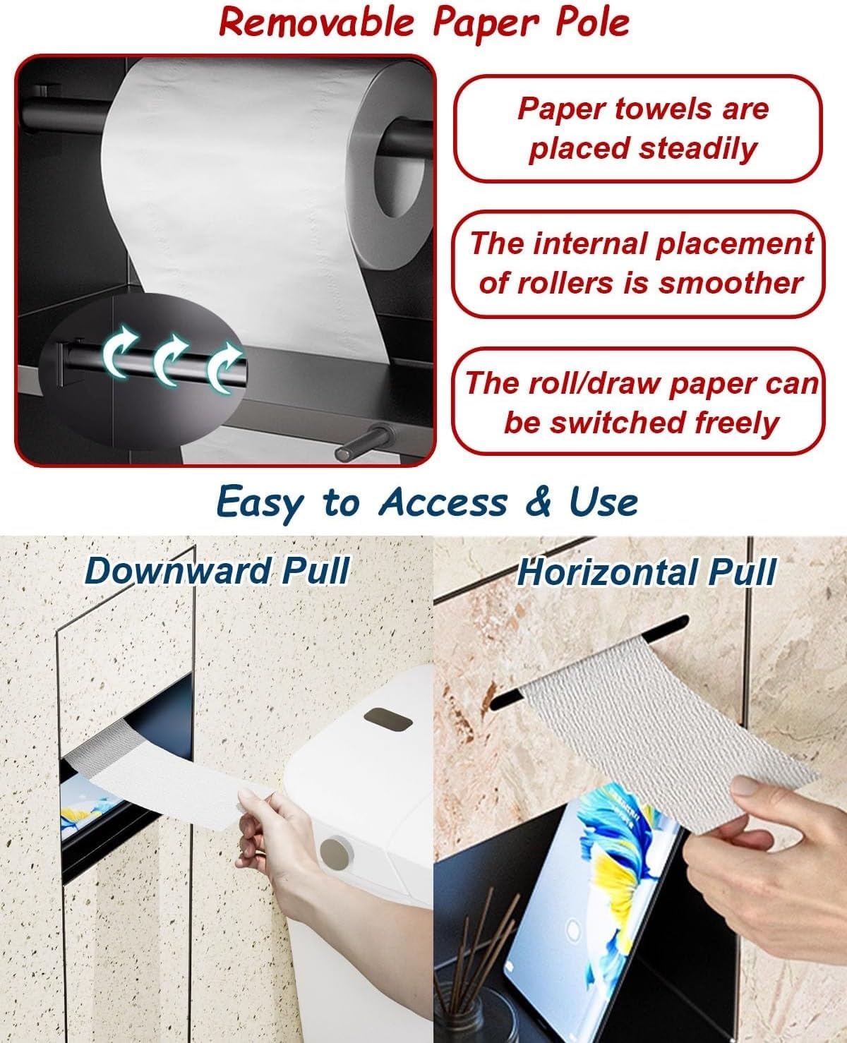 Soporte empotrado para papel higiénico con armario oculto y cubo de basura, diseño moderno para almacenamiento de baño y cocina